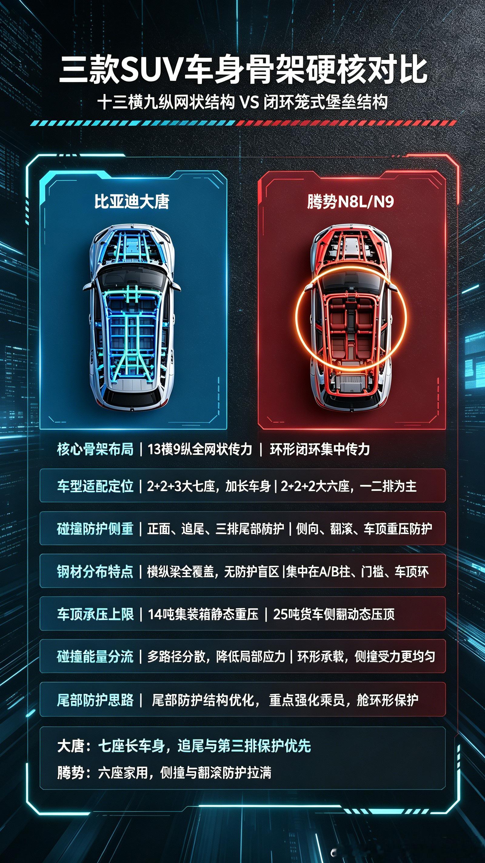 大唐/腾势N8L/N9的被动安全同样都是大型SUV，但骨架设计逻辑完全...