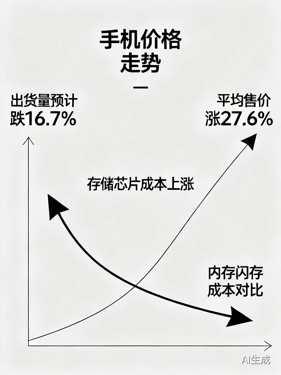 怪事，手机卖不动了，价格反倒越涨越凶。

国际数据公司刚发的报告，今年全球手机出货量预计跌16.7%，史上最大跌幅。邪门的是，价格不降反升，平均售价要涨27.6%。

账算到国内更扎心，去年卖3000块的手机，今年同样配置要3600块往上，一年贵出600块。

谁在推高价格？不是厂家贪心，是存储芯片