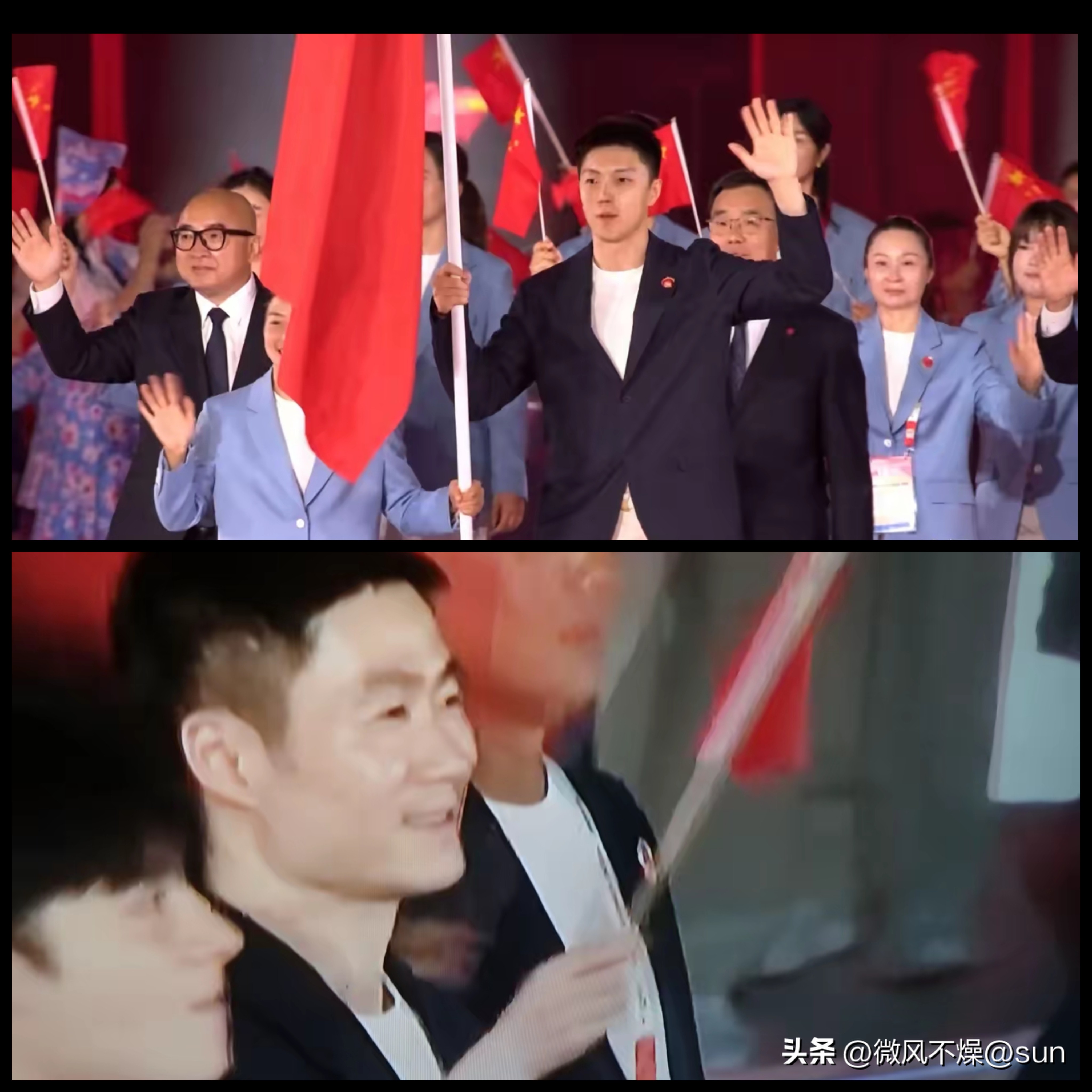 很遗憾没有看到国乒参赛队员出席亚运会开幕式。

很多球迷蹲守在电视机前，找了半天，没看到莎莎、鳗鱼和王队等国乒队员的身影，不过看到国乒王主席。难道国乒只有他一人参加开幕式吗？

有球迷说，前方记者今天中午在训练馆了解到开幕式的队伍信息， 国乒运动员都不会参加，但王励勤会参加。

明天国乒男团女团都有