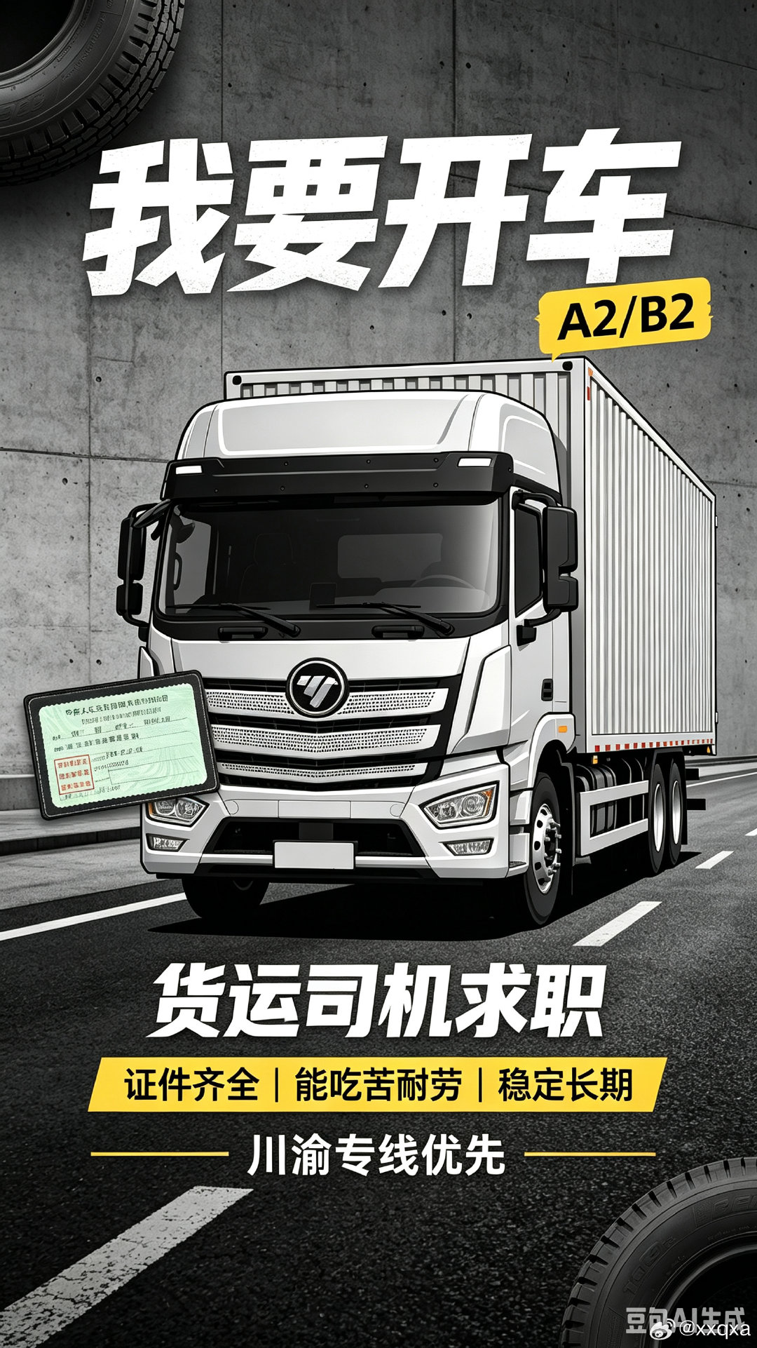 A2/B2双证，从业资格证齐全，开过9.6米厢车，想找稳定货运司机岗位。能吃苦耐劳，服从调度，川渝周边、专线线路都可以考虑，长期稳定干。有需要的老板、车队长欢迎联系，感谢平台，也麻烦各位师傅帮忙介绍。#求职##货车司机# ​
