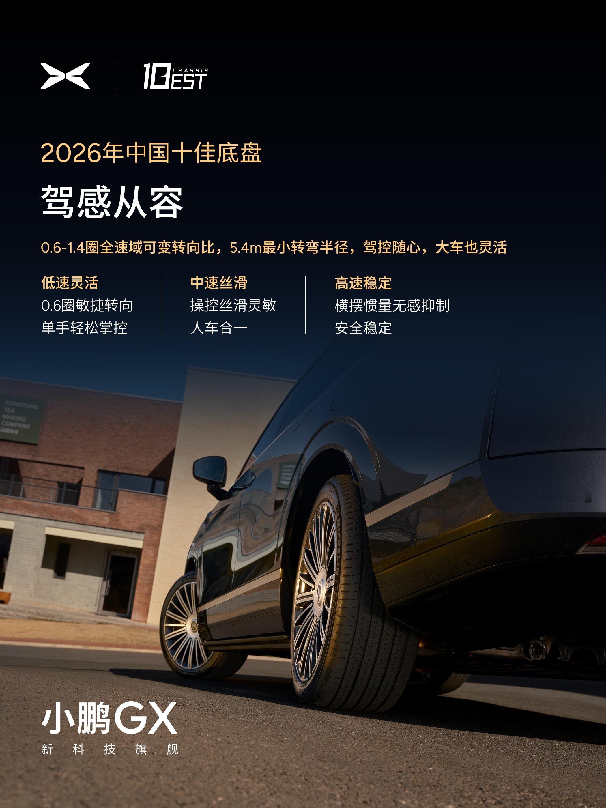 小鹏 GX 荣获 2026 中国十佳底盘，面向物理AI时代的原生底盘架构，百万级硬件素质，重新定义智能驾乘。
 
✅ 原生架构：全线控化、智能化，为物理AI时代而生。
✅ 超级集成：行业首创九合一超集成后桥，性能与空间兼得。
✅ 极致舒适：起伏不颠、过弯不晃、启停舒适，日常不晕车。
✅ 从容驾控：0.6-1. ​