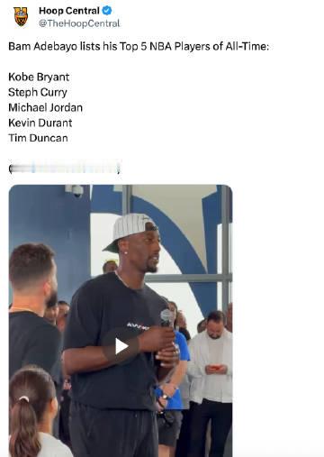 阿德巴约列出的历史前五 NBA 球员为：<br /><br />科比·...