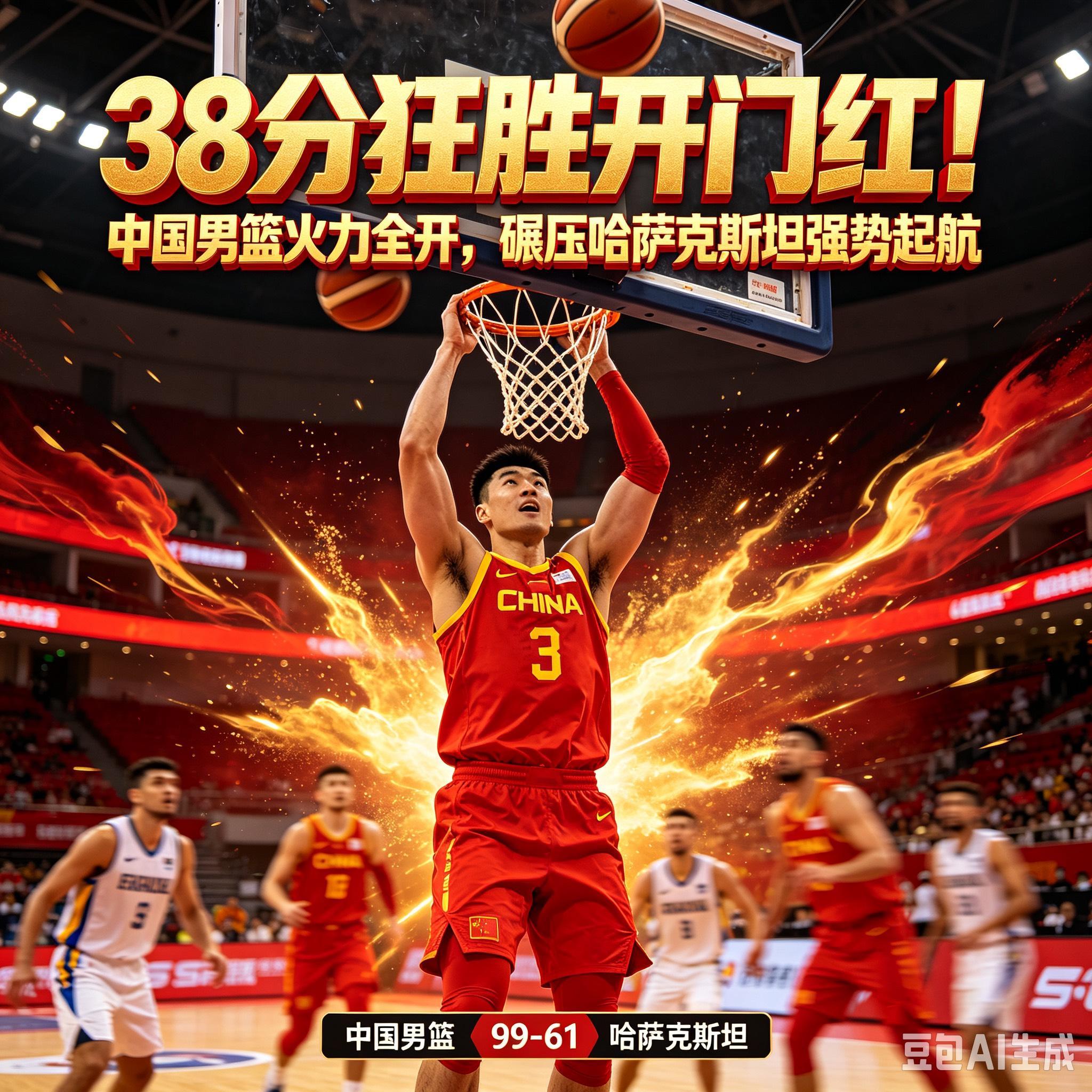 38分狂胜开门红！中国男篮火力全开，碾压哈萨克斯坦强势起航

亚运赛场燃情开战，中国男篮迎来小组赛首战，直面哈萨克斯坦队，全队状态火热、攻防拉满，最终以99-61的超大分差击败对手，豪取亚运会开门红，用一场酣畅淋漓的大胜开启新征程。

本场比赛球队遭遇人员微调，王俊杰、赵嘉义因病缺阵，但丝毫未影响整