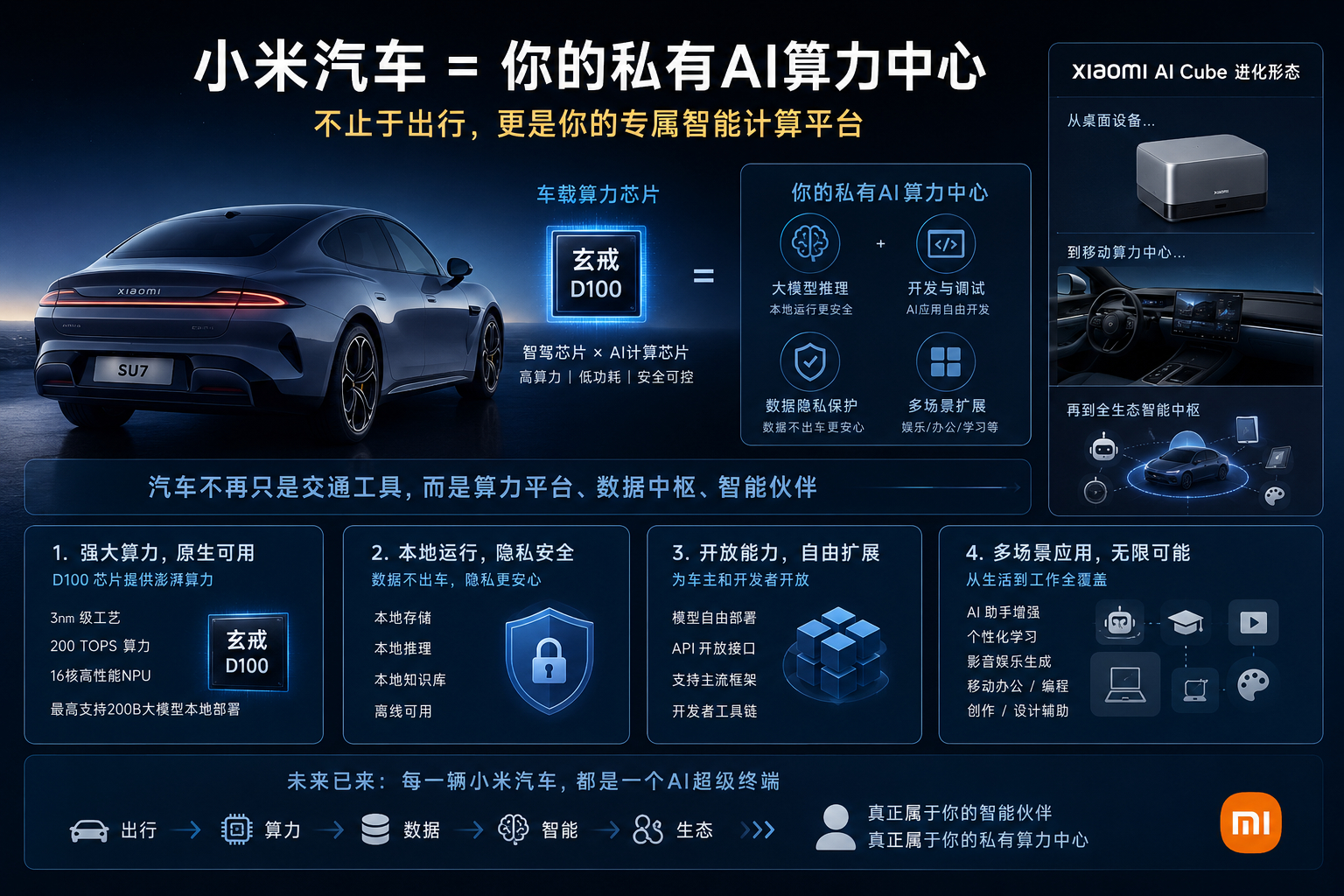 来个暴论：
小米在两年内，绝对会把小米汽车，作为私有算力中心送给车主使用。

凭啥？就凭新发的三款芯片，带飞了我的预期

D100 是干啥的，虽然说的是一个智驾芯片，但其实是一个强算力芯片，可以部署 200B 大模型做本地推理。

所以，车载算力，在闲置的情况下，直接作为算力终端，给用户不就行了吗 ​