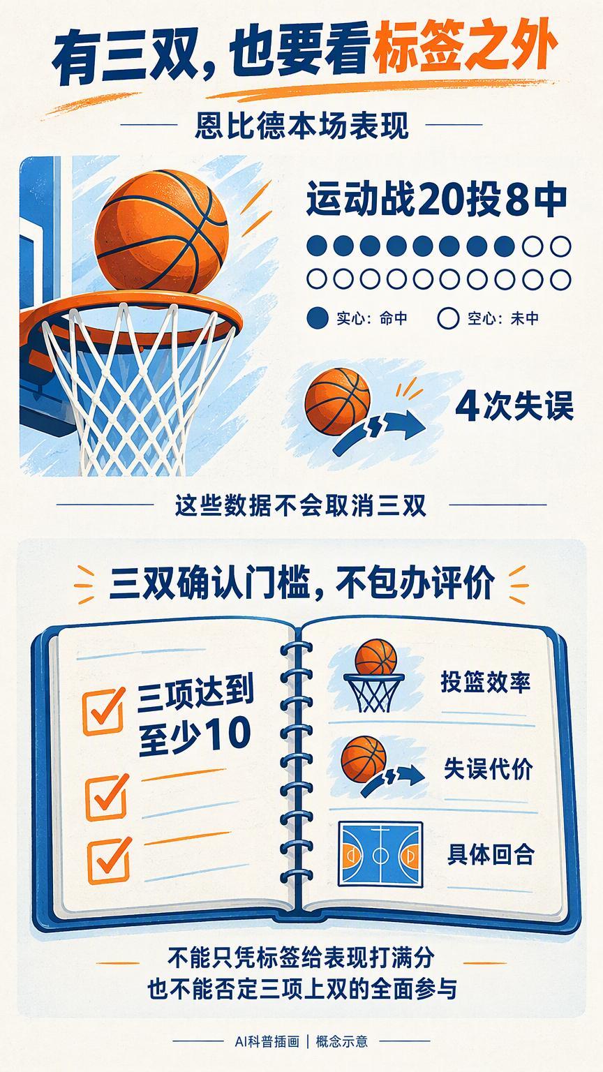从9次助攻到10次，为什么“三双”标签会突然出现？

北京时间10月25日，#费城76人#以127比116击败雄鹿，恩比德得到28分、11个篮板和10次助攻，完成三双。最值得拆开的不是这三个数字有多整齐，而是助攻从9次跨到10次后，为什么技术统计里会突然多出一个醒目的标签。

NBA单场三双的门槛很明确：得分、 ​