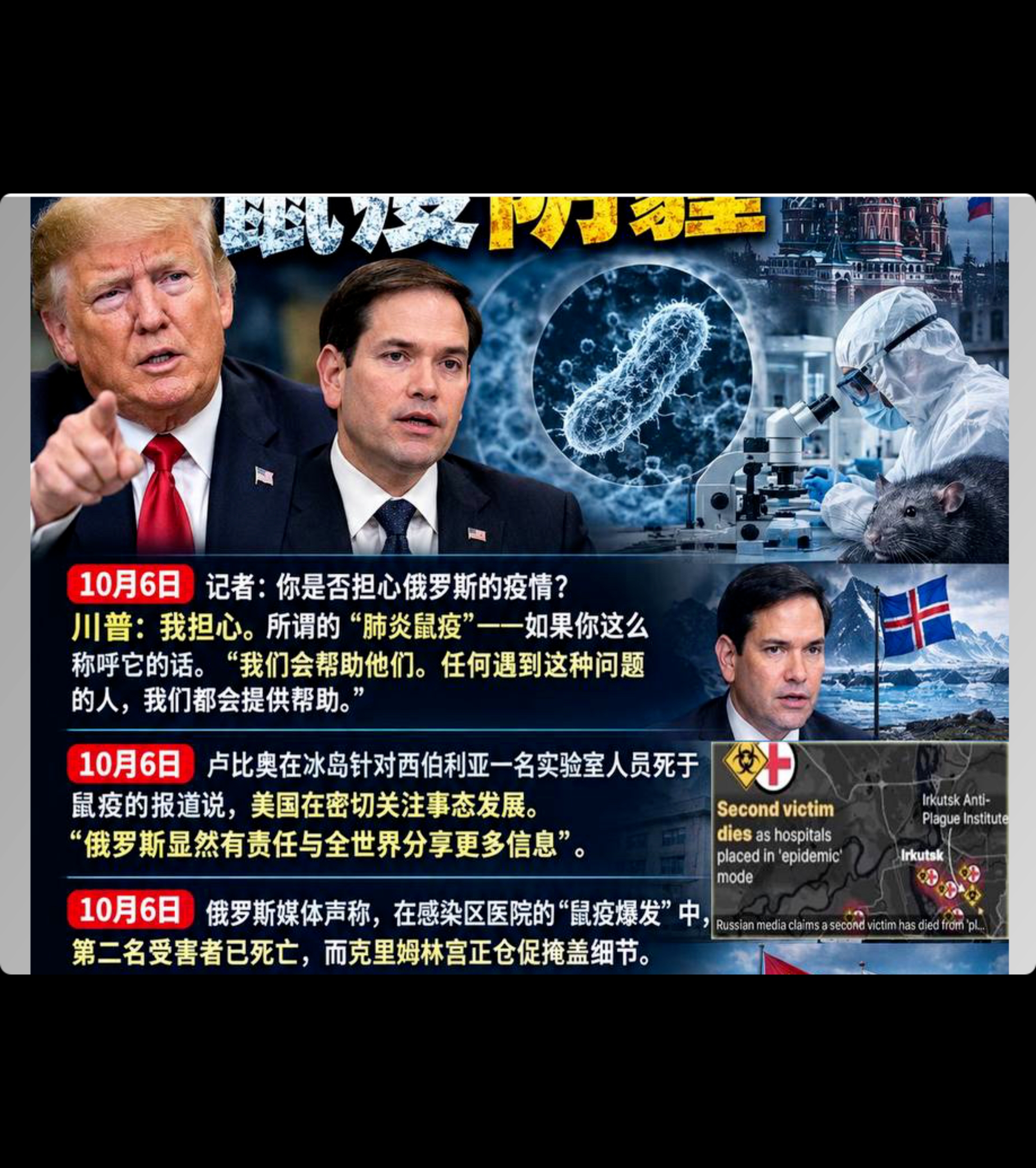 俄罗斯官方虽未确认爆发鼠疫，但围绕西伯利亚伊尔库茨克地区的一起实验室人员死于鼠疫。

事实与争议
事件起点：伊尔库茨克抗鼠疫研究所一名28岁女实验员，于10月2日死于重症肺炎。
 “鼠疫”说法从何而来：当地媒体与部分官员称，她可能因打破含鼠疫菌的试管而感染肺鼠疫；
邻近布里亚特共和国首脑一度证实“死
