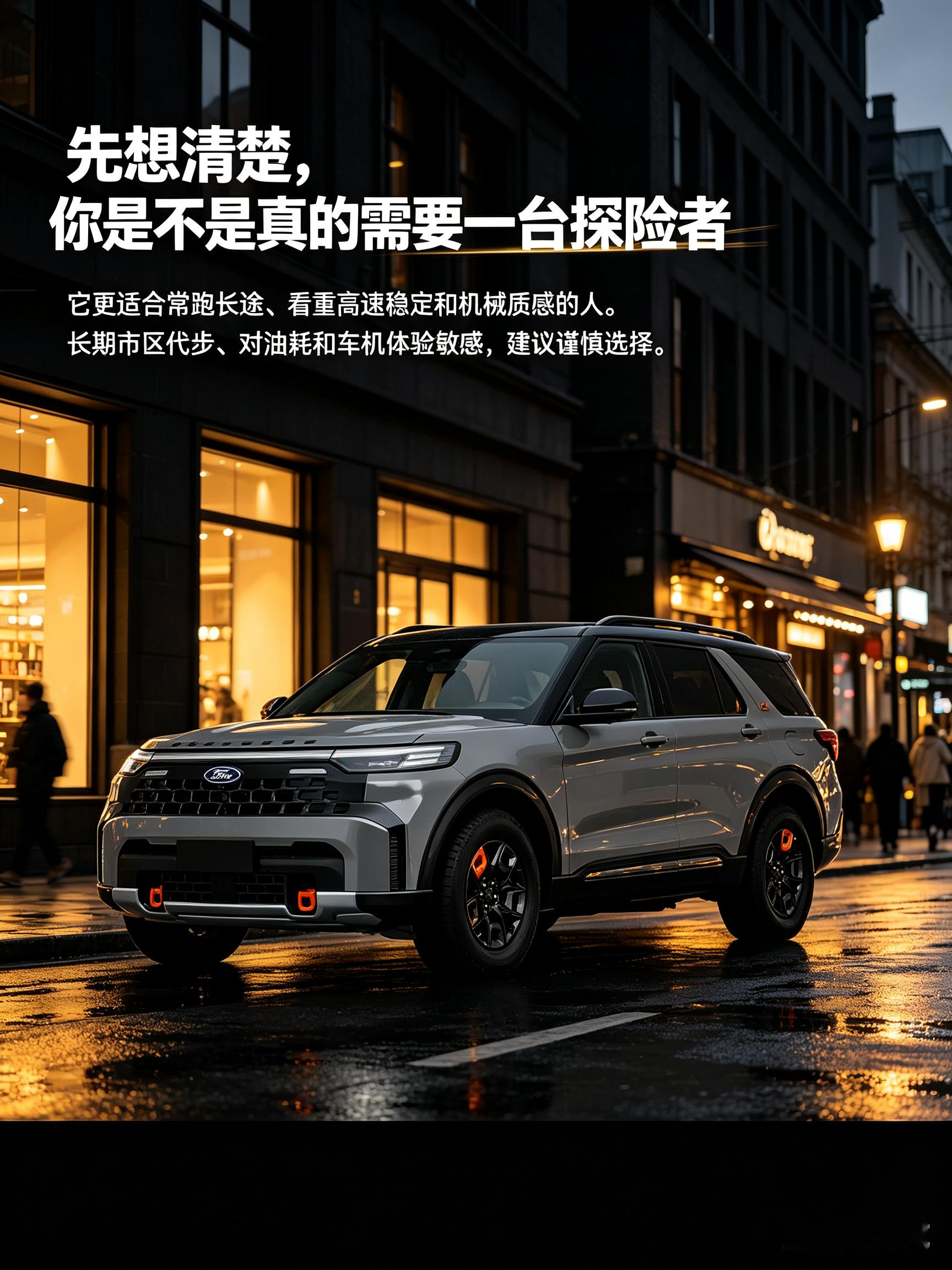 福特探险者气场硬朗大气，底盘扎实稳重，高速行驶的稳定感很出彩，很适合经常长途出行的家庭。不过车身宽大，城里穿梭、停车不够灵活，日常油耗和车机体验也是不少买家纠结的点。建议试驾时重点感受第三排空间与底盘质感，结合自己平时大多跑高速还是市区代步，再决定它是否真正适合自己。【来自懂车帝车友圈】