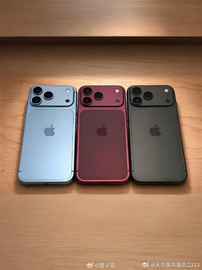 iPhone18 Pro 渲染图，浅蓝、深樱桃、深灰三色同框。背部全新模组设计，上下分区的后盖辨识度直接拉满。这一代外观改动幅度很大，配色质感在线，说说看，哪个颜色最戳你？#iPhone18Pro# ​