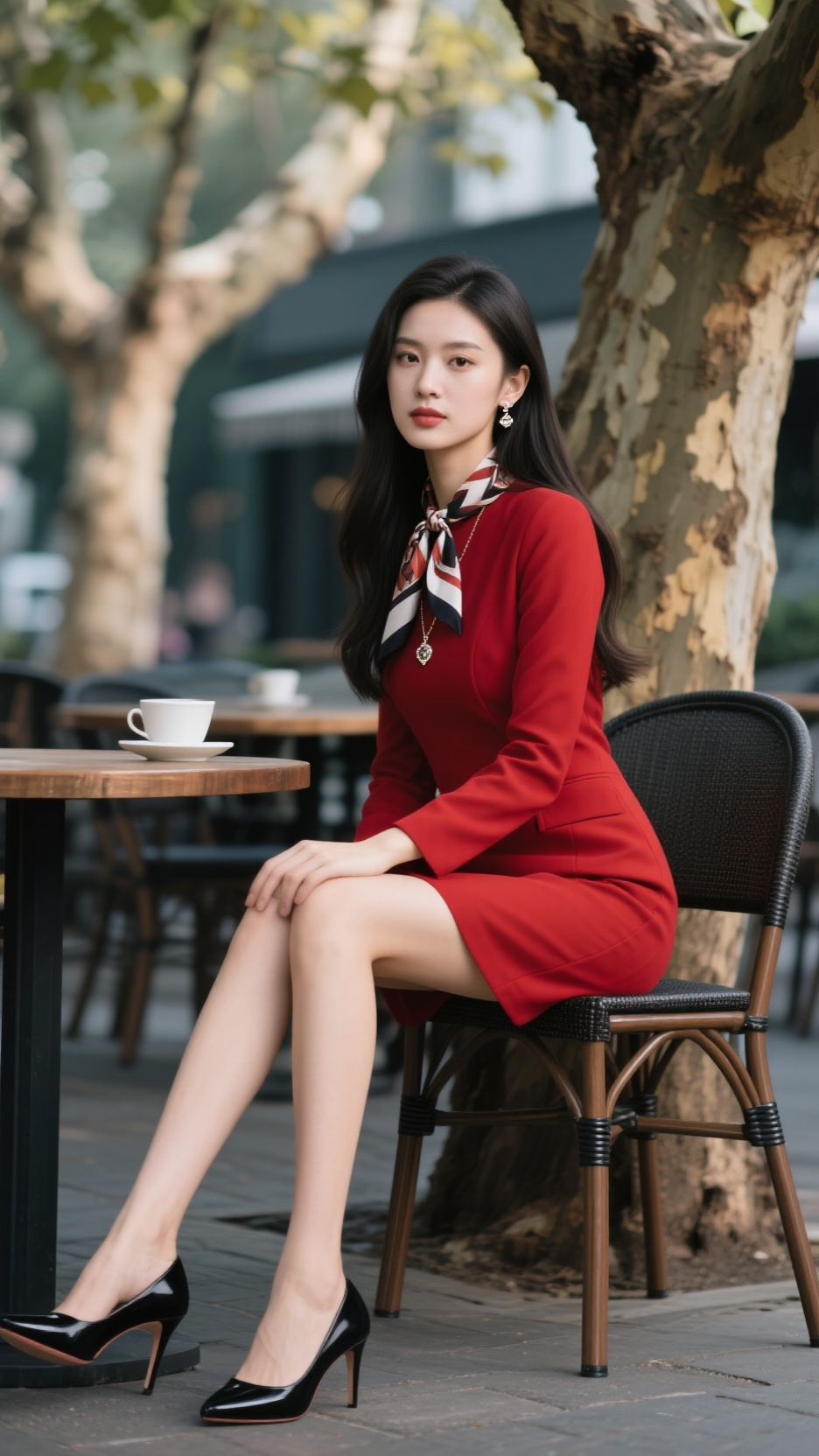 她身着红色修身连衣裙，搭配条纹丝巾与黑色尖头高跟，在街头咖啡座场景中...