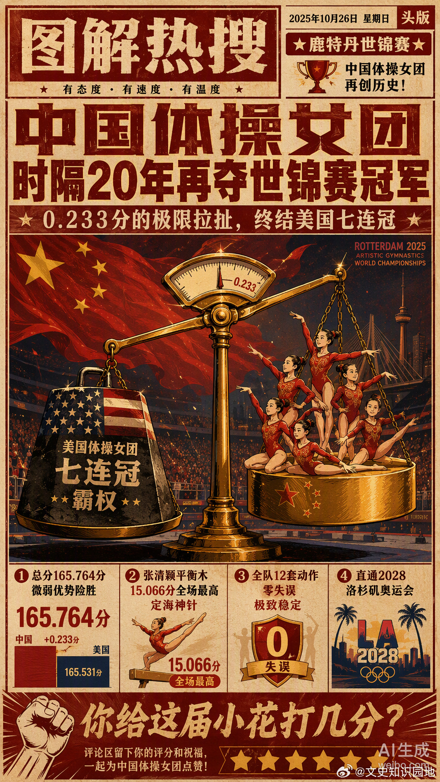 0.233分，这是中国体操女团在鹿特丹世锦赛决赛里，从美国队手里抢回来的距离。

为了这不到半米的差距，姑娘们绷紧了整整四个小时。跳马开局不利，比分一度掉到第六，空气里全是压抑的味道。但到了平衡木，张清颖那套6.8难度的动作就像定海神针，15.066分的全场最高，硬生生把局势给扳了回来。

最让人 ​