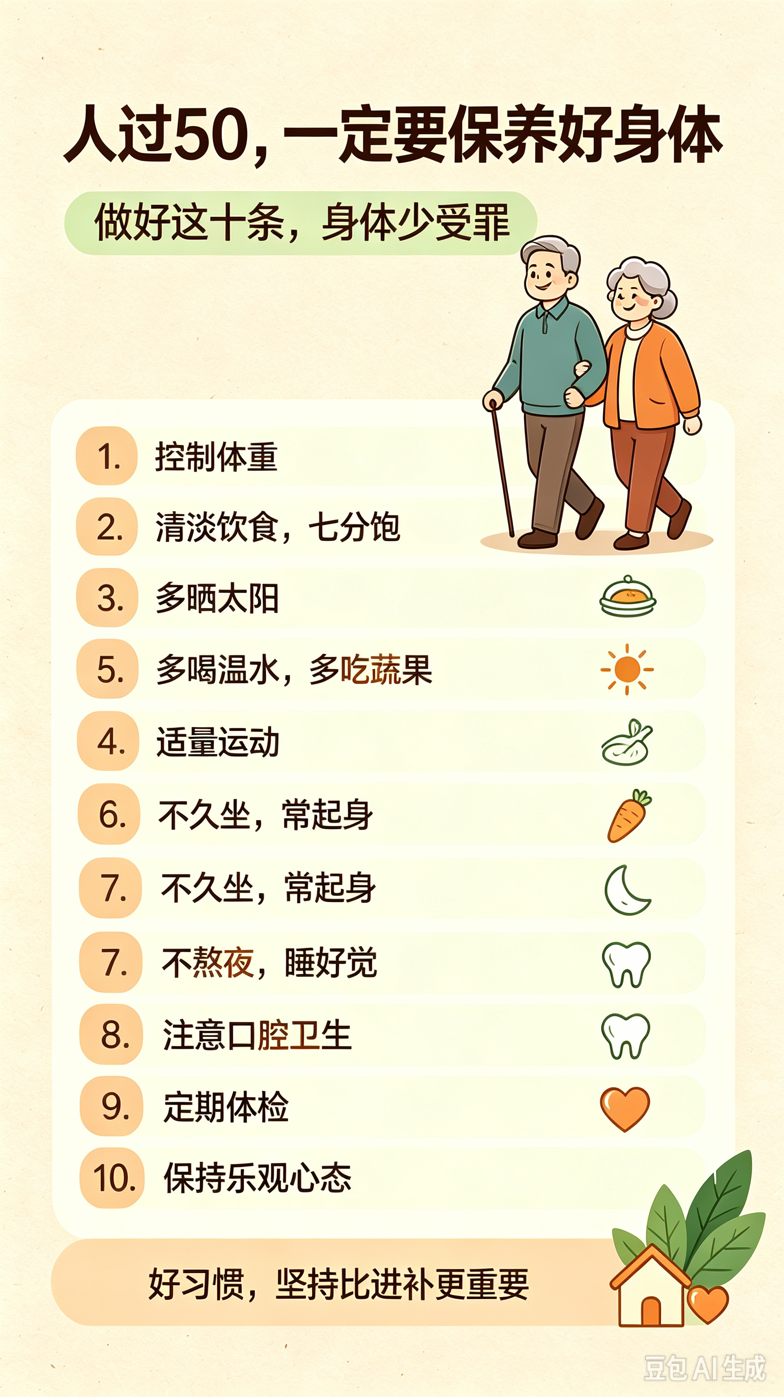 人过50，一定要保养好身体。做好这十条，身体少受罪，生活更有质量。
 
1. 控