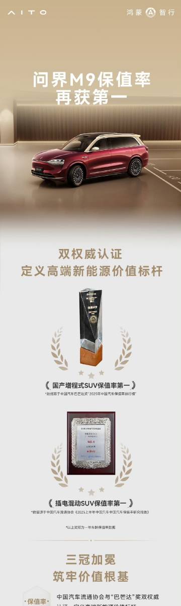 问界M9保值率再获第一！！<br /><br />《国产增程式SUV保...