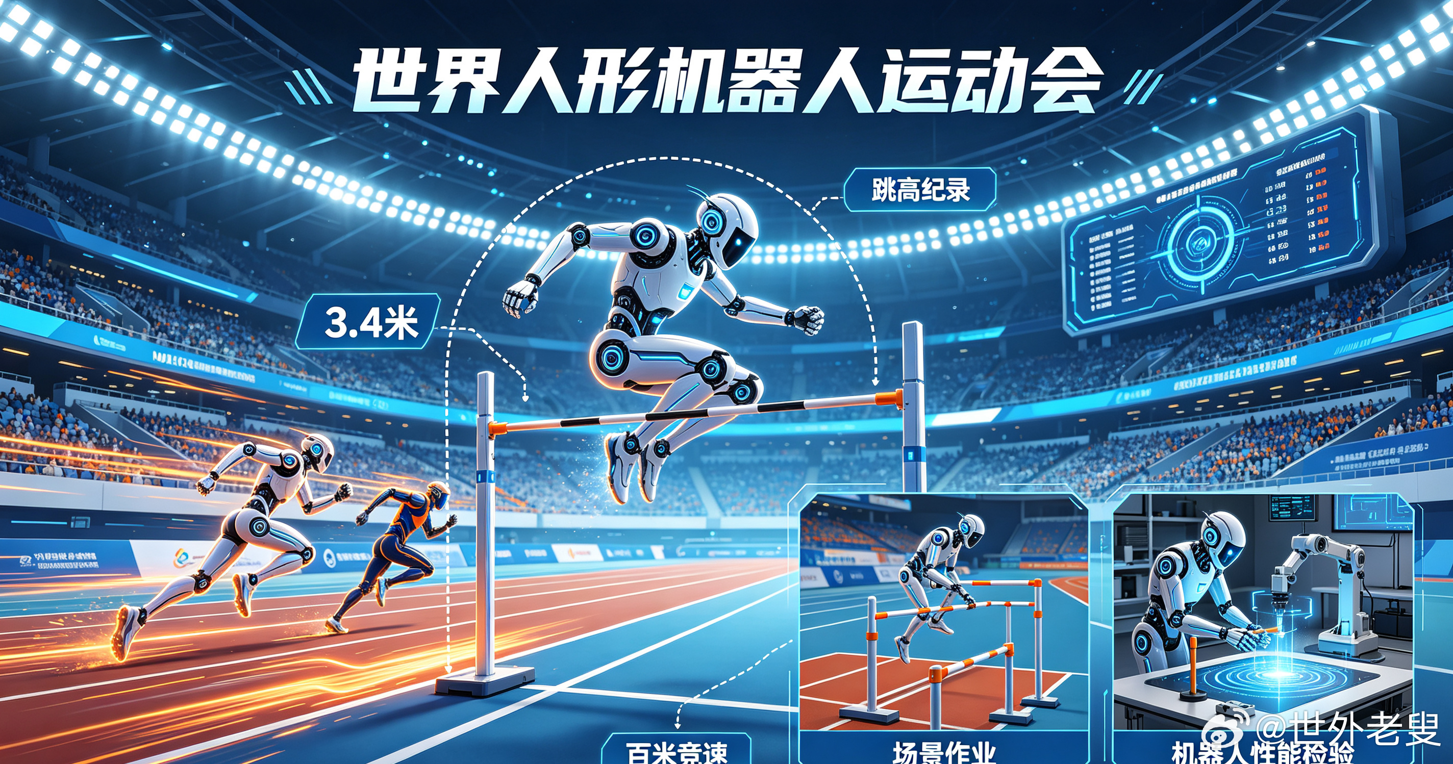 腾空一跃近3.3米！人形机器人刷新跳高纪录，这些技术未来能干什么
本文根据第二届世界人形机器人运动会公开报道整理，仅供科普，不构成投资建议。
最近，第二届世界人形机器人运动会在北京"冰丝带"火热开赛。天工Ultra机器人原地跳高达到2.8843米，大幅超越人类跳高纪录，较该项目去年95.641厘米的成绩 ​