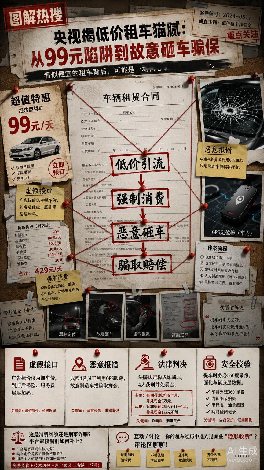 #央视揭低价租车猫腻#号称“99元一天”的租车广告，本质上是一个绕过安全协议的恶意接口。在成都审结的一起案件里，4名员工利用GPS全程跟踪租客，故意砸坏挡风玻璃、用石块划出新痕，通过伪造系统报错来骗取押金和赔偿。

这种套路在行业里像是一段顽固的BUG。广告页面标出的低价只是裸车价这个引流噱 ​