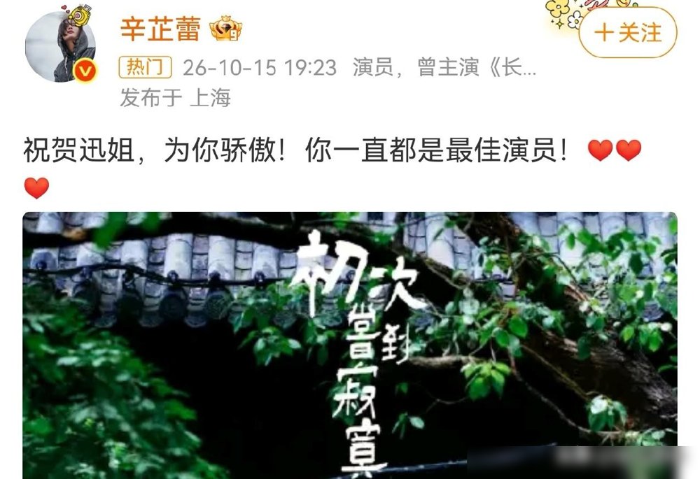 周迅拿了个国际影后，辛芷蕾凌晨一点不睡觉，先炸了。
就一句“你一直都是最佳演员”，没提奖杯，没提釜山。这话从《如懿传》里出来的人嘴里说，分量就不一样。那会儿她俩一个演皇后一个演妃子，戏里斗得你死我活，戏外倒成了互相兜底的人。
七年了。周迅在台上领奖，辛芷蕾在巴黎看完香奈儿大秀，转天又跟王一博拍黑