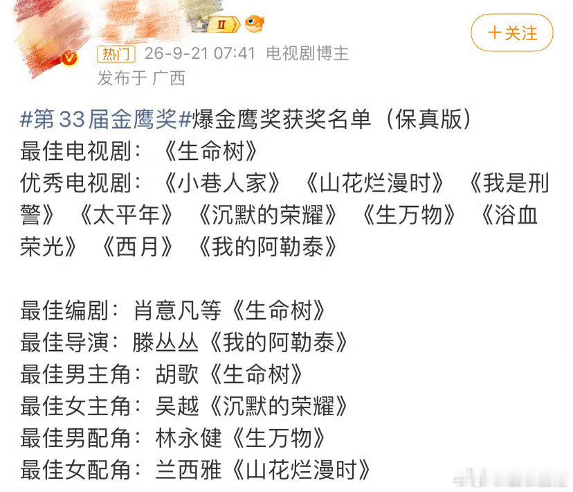 #曝第33届金鹰奖获奖名单#29号 期待一下呀 ​