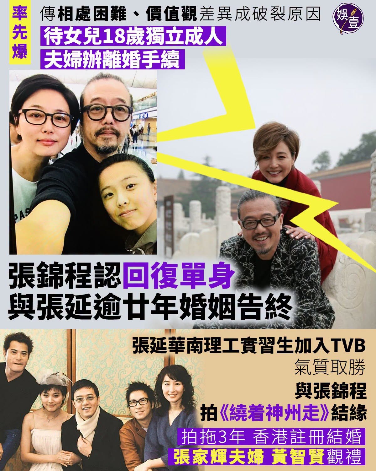 港媒《娱壹》报道，张锦程与张延因价值观南辕北辙，导致夫妻关系破裂，张锦程一个&34;是&34;字承认离婚，等女儿成年才分手，这才是成年人的体面。
 
没有长篇大论的声明，没有互相指责的小作文，没有抢财产的狗血戏码，一个字，干干净净。在娱乐圈离婚必撕的大环境里，这种沉默反而比任何说辞都更有分量。 
 
但是要搞懂