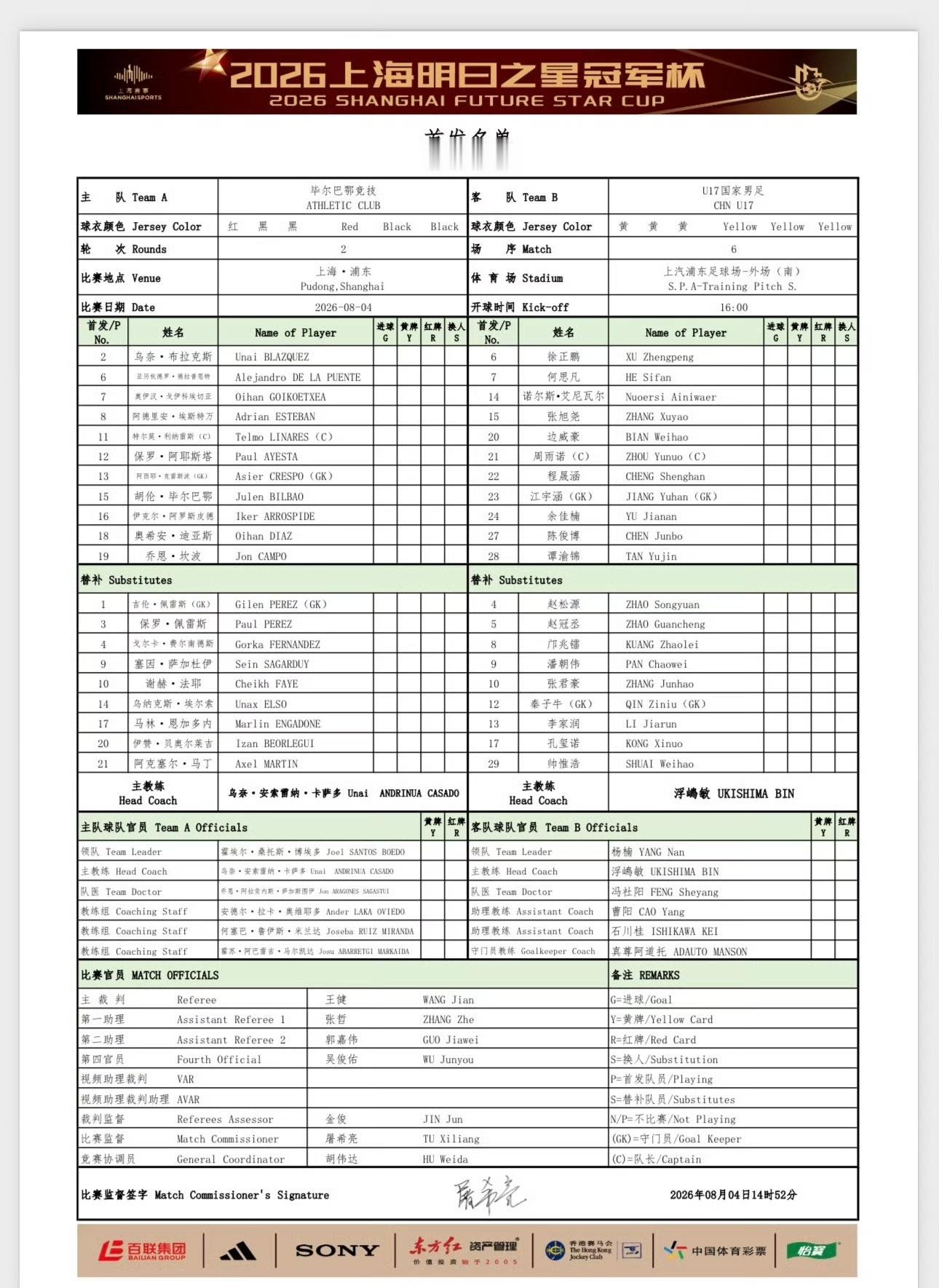 北京时间8月4日16:00，中国U17对阵毕尔巴鄂竞技U17，赛前首发...