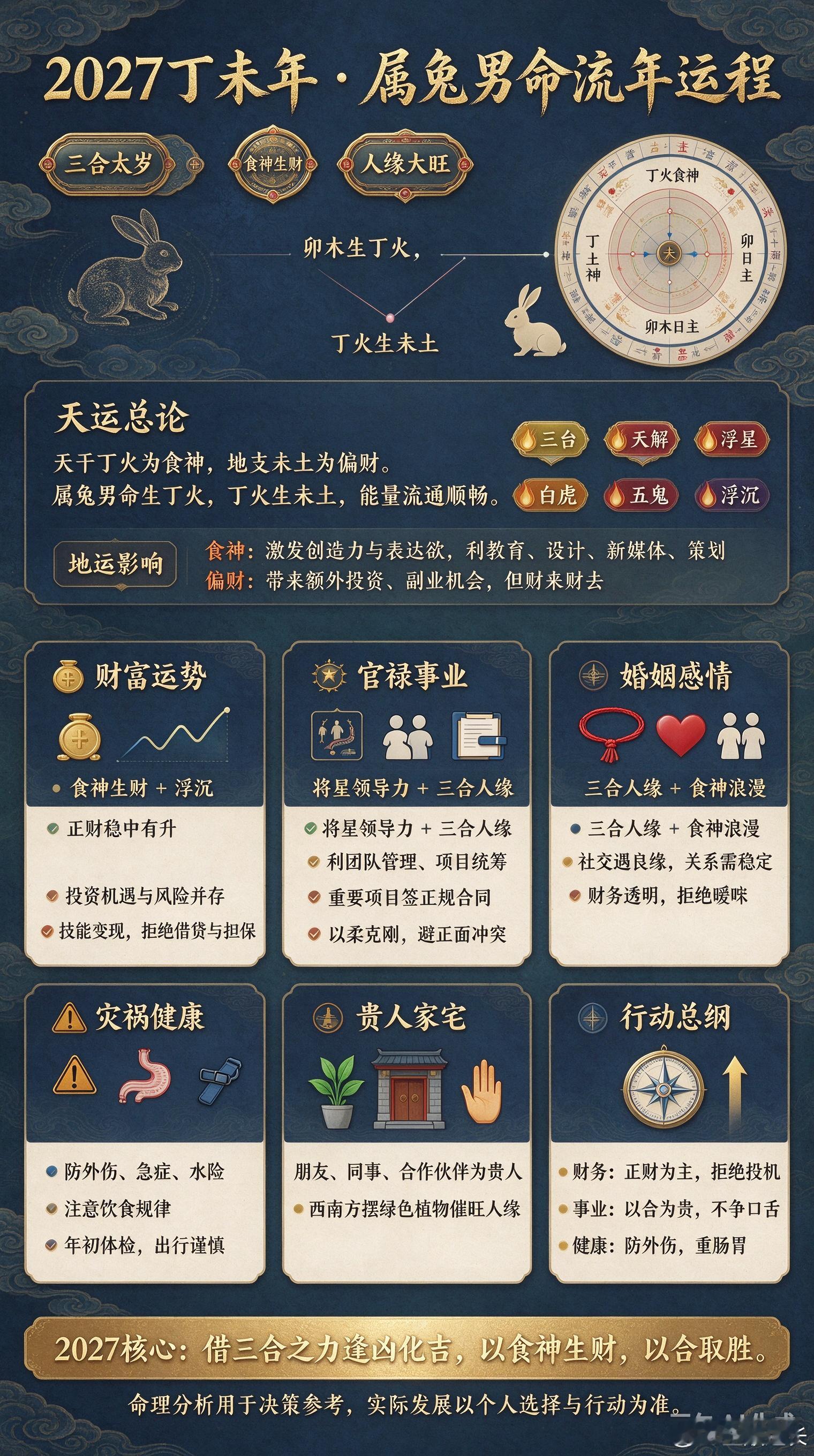 2027丁未年 · 属兔男命流年运程年度主题三合太岁 · 食神生财 · 人缘大旺类别 星曜吉星 三台、天解、将星凶星 白虎、五鬼、浮沉十神 食神坐偏财（丁火食神，未土偏财）一、天运总论2027年天干丁火为食神，地支未土为偏财。属兔男命（卯木）生丁火，丁火生未土，能量流通顺畅。食神生财：通过创意、口才、专业技能获取财富三合太岁：人脉资源与合作运极佳白虎入命：防得意忘形引发口舌官非浮沉星：财运存在波动全年核心：发挥“将星”领导力，以“合”取财，忌单打独斗。二、地运影响属兔男性温和细腻，丁未年：食神（丁火）：激发创造力与表达欲，利教育、设计、新媒体、策划等行业，但防言多必失偏财（未土）：带来额外投资、副业机会，但“浮沉”暗示资金流动大，财来财去核心课题：借“三合”贵人化解人际危机，借“将星”提升决策力，严防“白虎”冲突与“五鬼”是非。三、财富运势主导：食神生财 + 浮沉（波动）正财：工资稳中有升，创意、技术类工作者易获加薪偏财/投资：机遇与风险并存，严禁高杠杆、高风险投机。农历六月、九月...
