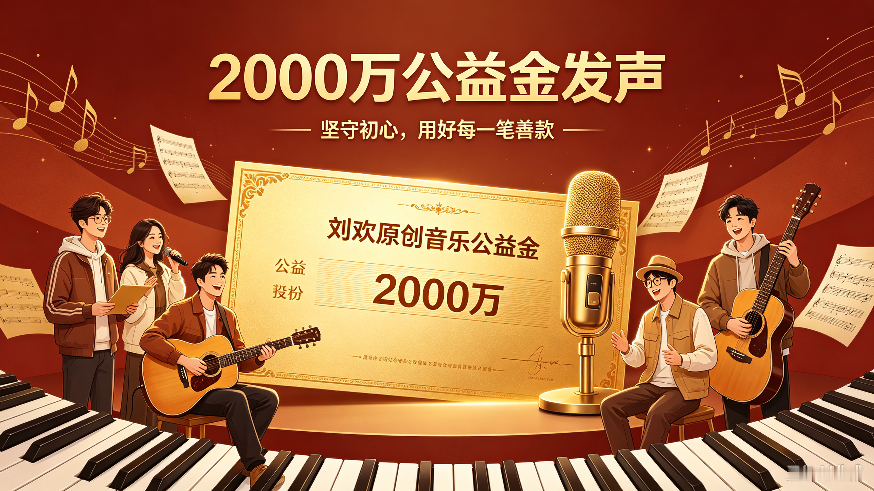 刘欢2000万公益金发声，微光持续照亮华语乐坛
 
刘欢当年拿出2000万设立原创音乐公益金，默默托举怀揣梦想的年轻音乐人。如今公益金管理方发声，会坚守初心，用好每一笔善款，持续扶持华语原创力量。
 
多年来，这笔资金已经帮助多位新锐创作者，让更多优质原创作品被听见。刘欢老师不仅留下无数动人旋律，更