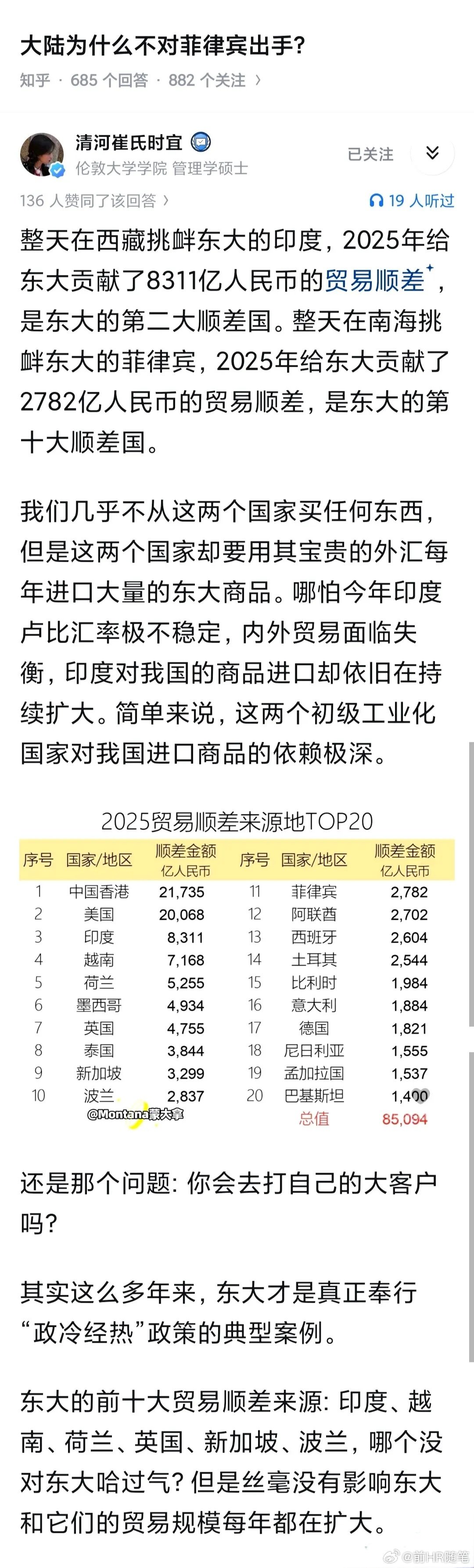 不打菲律宾，因为菲律宾是东盟一部分，而且它只是美国牵制中国，搅浑南海的一个棋子而已。

动菲律宾大概是我们统一后才可能。赚钱其实反而不重要。
印度恨我们恨得咬牙切齿，但是对我们工业品不买不行[允悲] ​