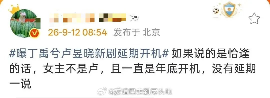 决战瓜主之巅，《恰逢雨连天》男主就是丁禹兮吧，至于女主是不是卢昱晓，两个瓜主一个说是一个说不是[摊手] 
#曝丁禹兮卢昱晓新剧延期开机# ​​​