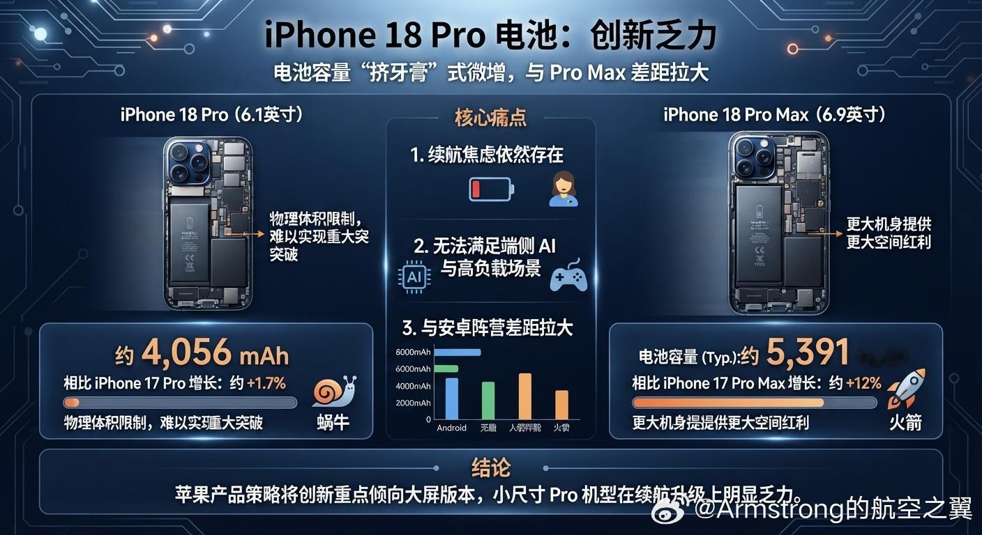 #iPhone18Pro 电池# 以国行物理卡版为例，iPhone 18 Pro的电池容量约为4056mAh（eSIM版约4288mAh），相比上一代iPhone 17 Pro的3988mAh仅提升了1%~2% 左右。

对于追求单手握持、偏好小屏旗舰的用户来说，iPhone 18 Pro的电池容量挤牙膏式的增长，很难带来续航上的质变。在面对端侧 AI、高刷频、高亮户 ​