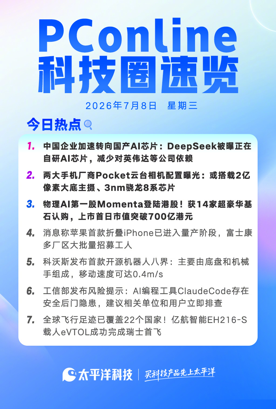 【2026年7月8日!】  1.中国企业加速转向国产AI芯片：Deep...