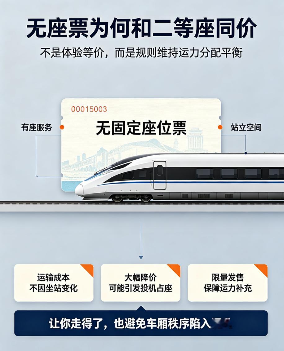 无座票和二等座同价，听起来像是“花钱买罪受”，但如果你把它看作一场关于运力分配的精密实验，逻辑就变得冷峻而清晰。 
 
12306官方回应称无座票的全称是无固定座位票，它在票务系统中与二等座属于同一席别。这背后遵循的是运输合同的本质：票价购买的是从A点到B点的全程位移服务，而非单纯租赁一把 ​