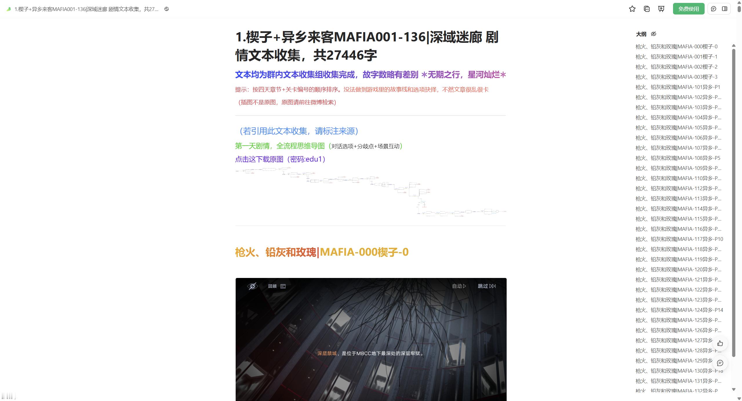 #无期迷途[超话]#「枪火铅灰与玫瑰」主线文本收集已全部发布，楔子+四天内容共119694字（粗略统计），花园也可见全部
每章都配有流程思维导图（异乡-铅火-残局-旧债）
之后会发【归途余光】的剧情文本

文章传送门：楔子+异乡来客 ​