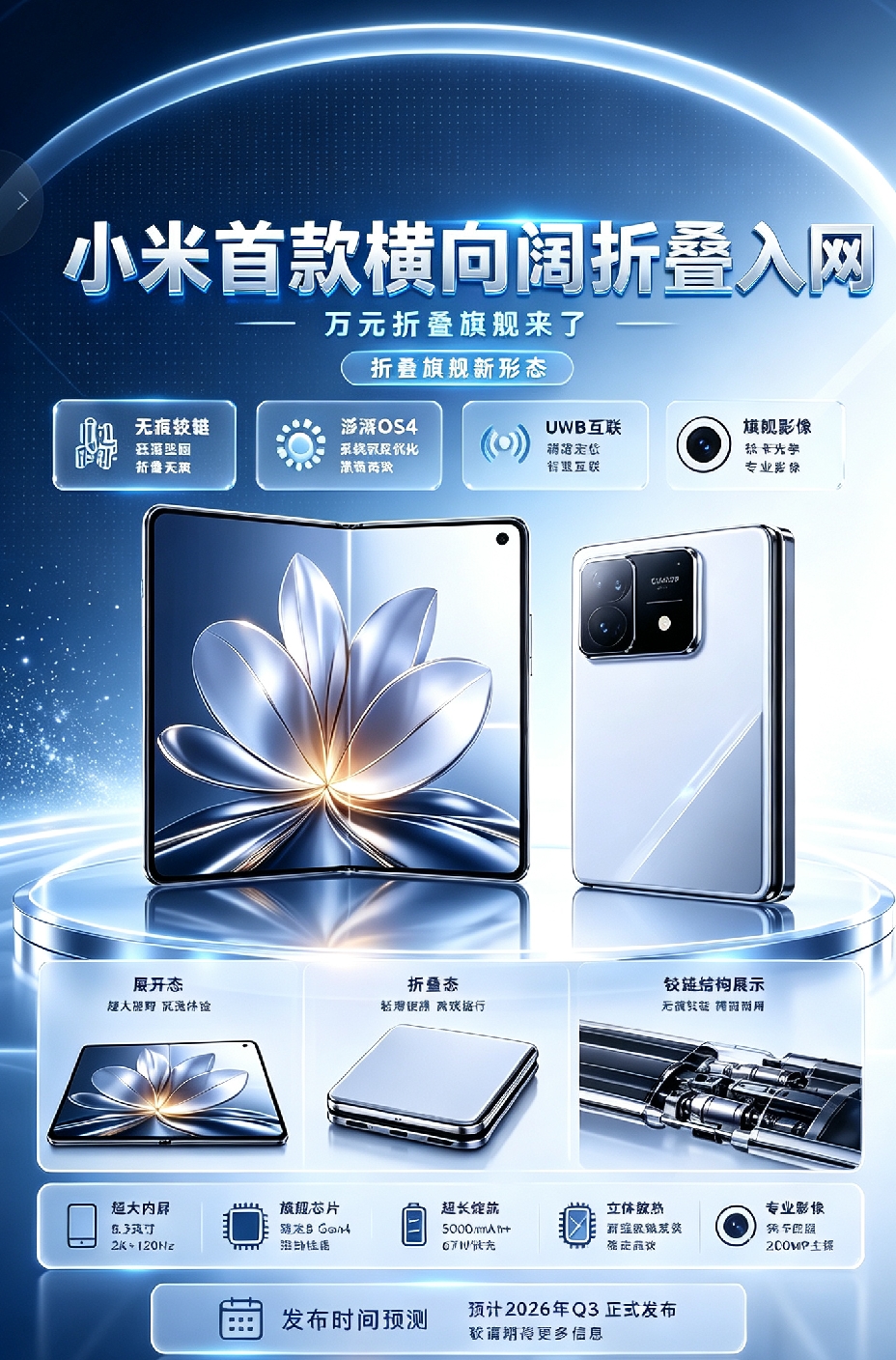万元折叠旗舰再添一员！小米这外观你打几分？
小米首款横向折叠屏手机已经入网，外观和配置信息也逐渐曝光。
 
从目前信息来看，这款新机主打的是横向阔折叠形态，重点围绕大屏体验、轻薄铰链、旗舰影像和高端质感展开。
 
对于喜欢折叠屏的用户来说，这类产品最关心的其实不是“能不能折叠”，而是折叠之后能不能真