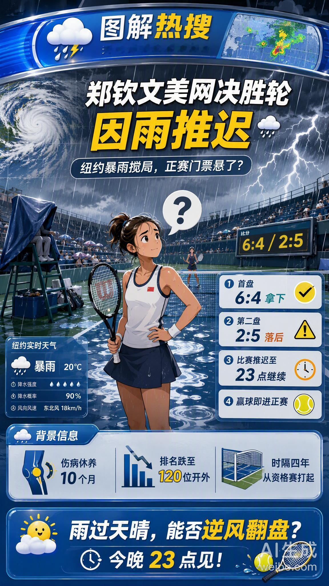 太戏剧了！郑钦文的美网资格赛决胜轮，被纽约的雨搅得一波三折🌧️ 简单...