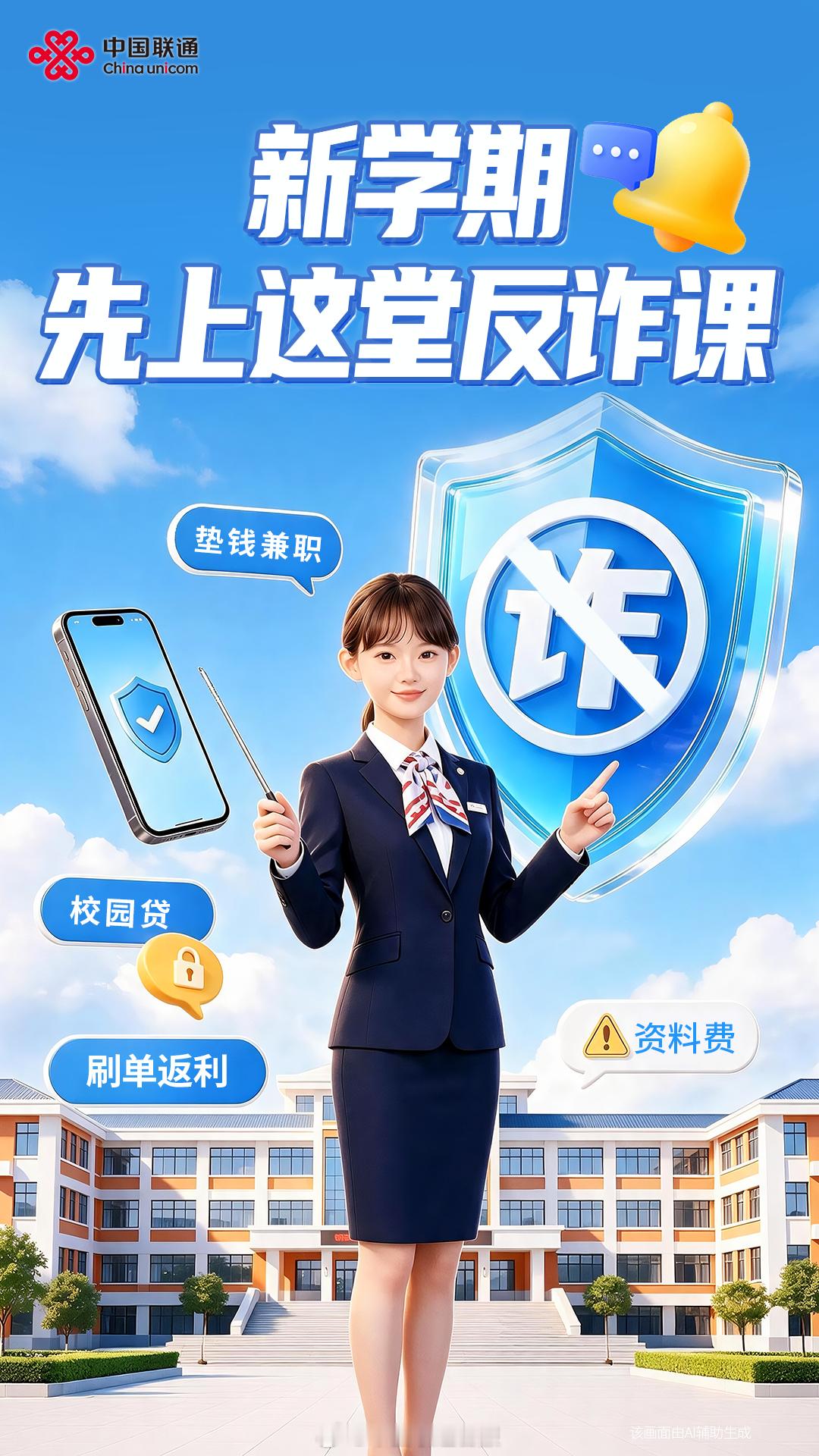 #秒懂联通# 【开学第一课，反诈不缺席】开学季，骗子盯上了新同学[震惊]怎么防？先记住这4点[yeah]
① 自称“老师”来电收“资料费”，先核实再转账
② 刷单返利、先垫钱的兼职，一律是骗局
③ 自称“注销校园贷”的来电，直接挂断
④ 陌生链接、二维码、验证码，不点、不扫、不给
骗局不断翻新，不如 ​