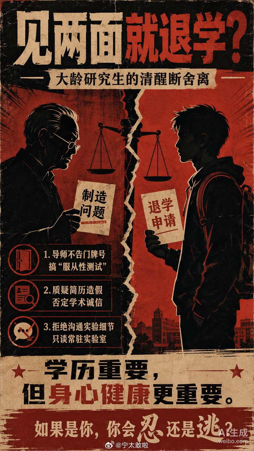见导师两次就决定退学，这得是多强的心理素质和多清晰的自我认知啊。

很多人读研是为了学历镀金，结果掉进了“服从性训练”的坑里。这位博主遇到的导师，第一次见面不告诉办公室门牌号让人自己找，还美其名曰“制造问题让你解决”，第二次见面直接质疑简历造假、否定学术诚信。这种还没开始做研究就先 ​