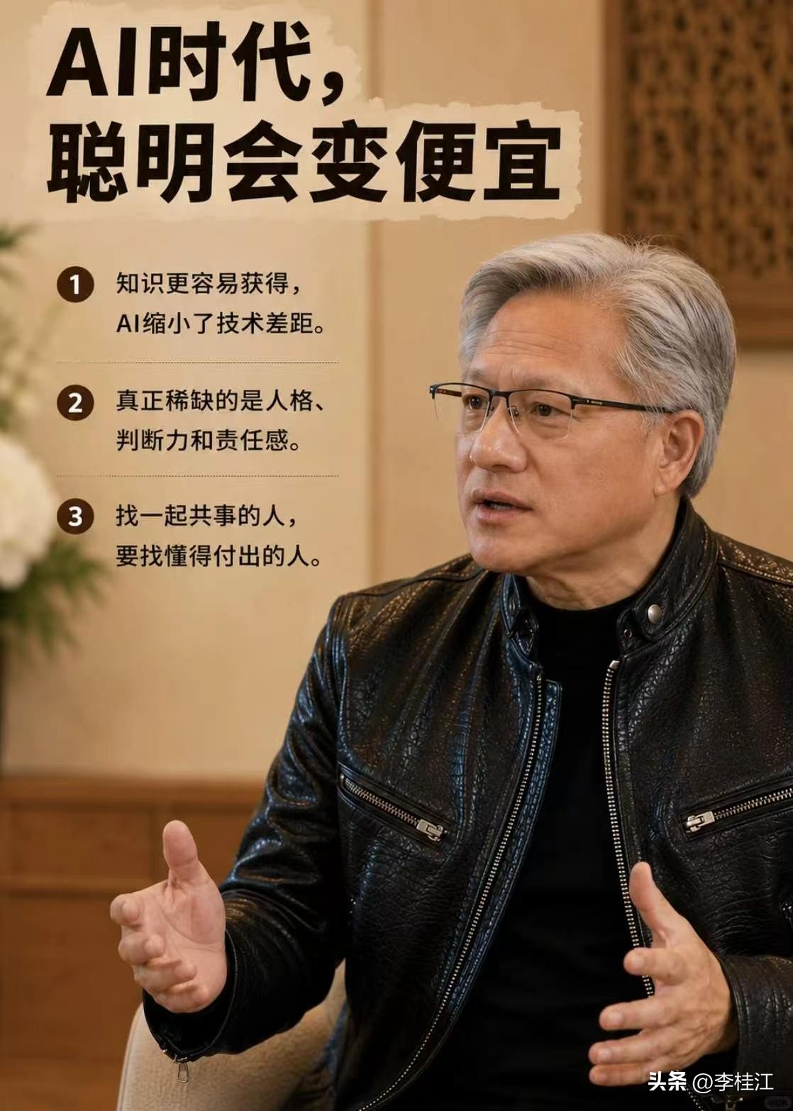 我说黄仁勋肯定没说过这句话！

不管什么时代，聪明都是最稀缺的。

AI时代，你都不想想算法是什么人设计出来的？！ ​​​