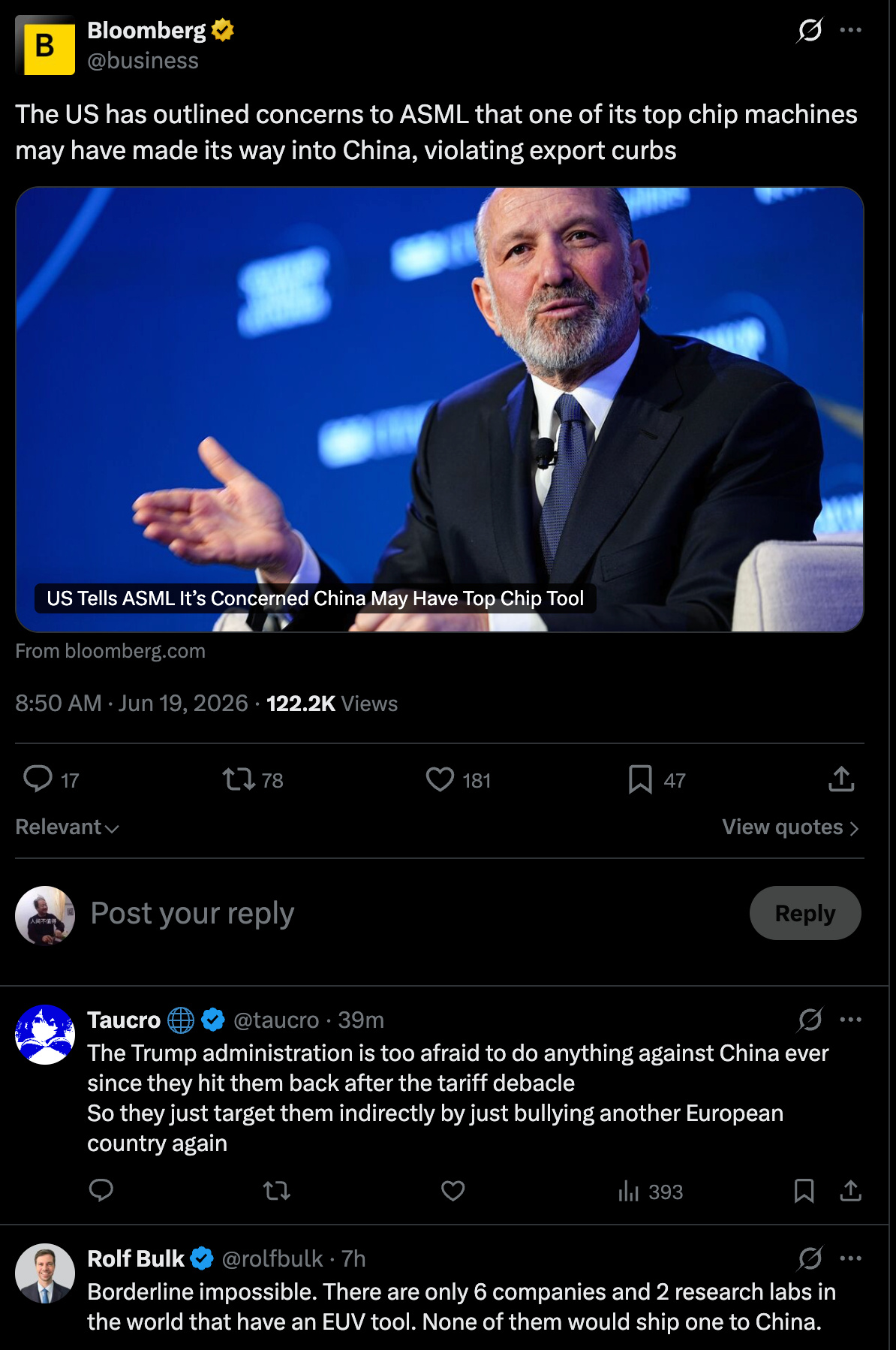 彭博社说，阿斯麦偷偷给中国卖了 EUV 的零件..违反了出口禁令不管对...
