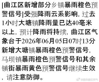 [曲江区新增部分乡镇暴雨橙色预警信号]受强降雨云系影响，过去1小时大塘...