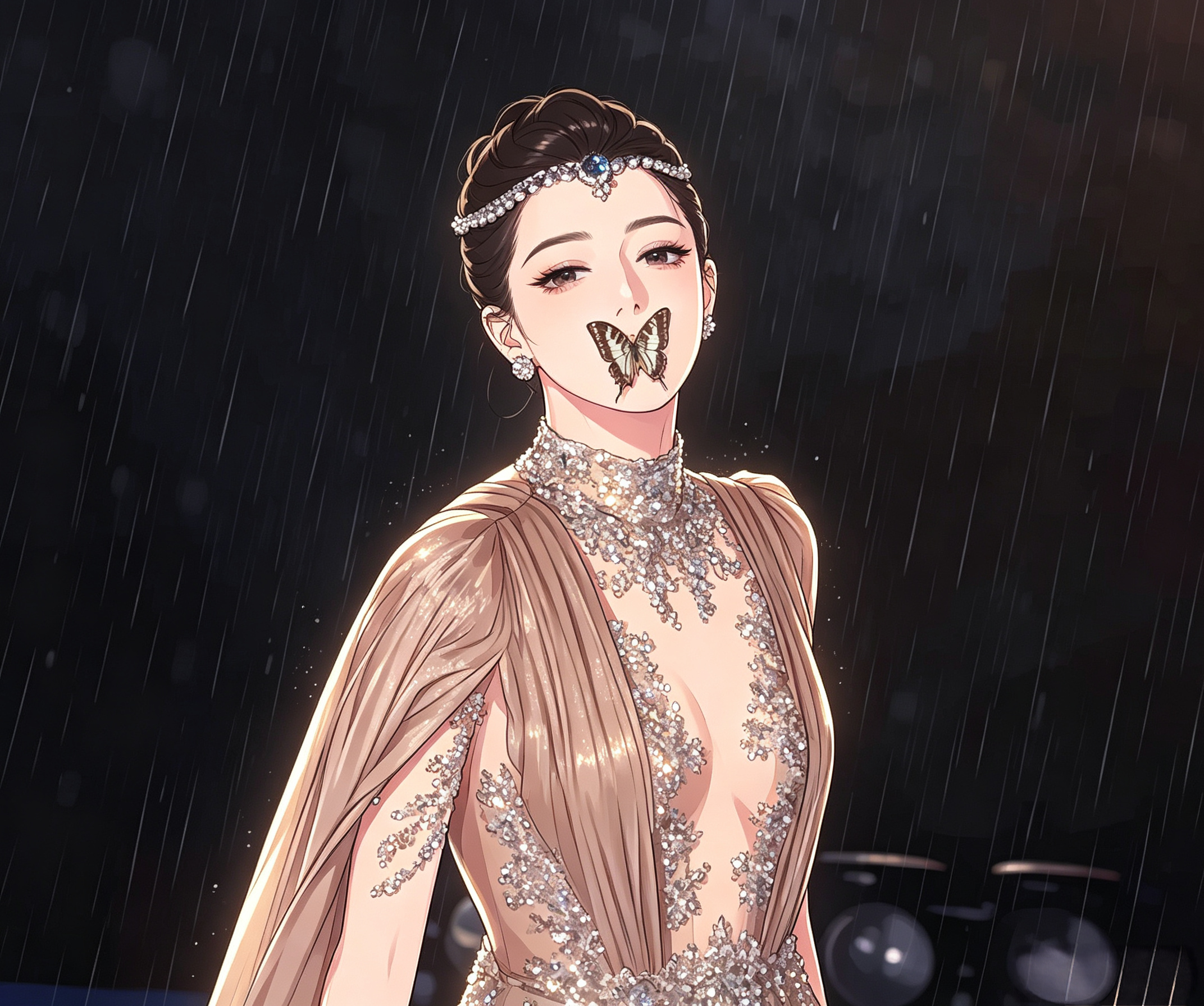 迪丽热巴红毯蝴蝶名场面🦋
 
雨夜红毯出圈的嘴边蝴蝶，并不是真蝴蝶，只是薄纱手工道具，成本不高，飞走也不用赔偿。
 
道具被风雨吹得松动，迪丽热巴顺势张开嘴，蝴蝶直接飘进雨夜里。
没有慌乱补救，神态依旧从容，一个小小的意外，成就氛围感封神名场面✨
 
迪丽热巴 红毯名场面