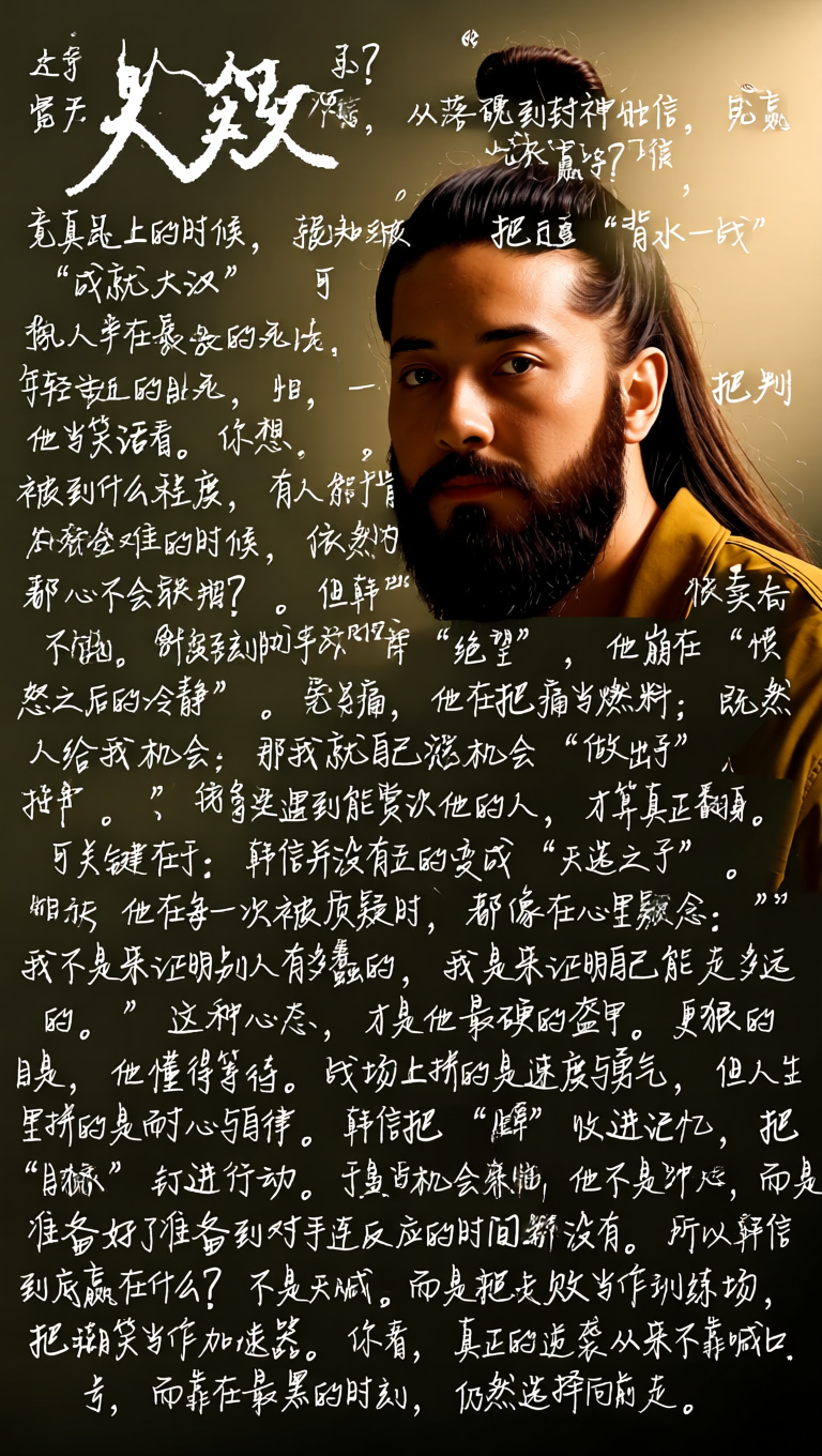 他把“失败”写进骨子里：从落魄到封神的韩信，究竟赢在什么？
很多人一提韩信，就只记得“背水一战”“成就大汉”。可你知道吗？韩信真正可怕的，不是战场上的胆子，而是他在最难的时候，依然不肯把自己判死刑。

年轻时的韩信，落魄到什么程度？有人能把他当笑话看。你想想，一个人被人轻视到连尊严都快卖不出去，他的