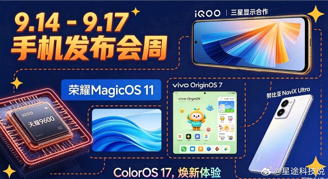  手机圈一周连炸！9.14-9.17密集发布会：天玑9600、三大国产OS、AI智能体新机齐登场

📅 9月14日｜iQOO × 三星显示 屏幕技术沟通会（韩国三星显示总部）
 
- 定位：三星显示首次在总部单独为国内手机品牌举办技术沟通会，iQOO也是首个走进三星显示总部开展联合技术发布的国产厂商
​
- 面向机型：iQO ​