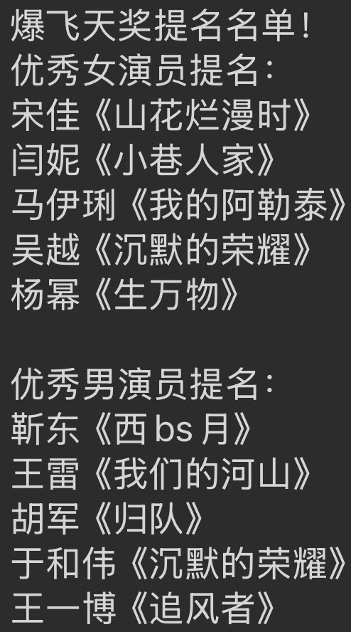 爆飞天奖提名名单！