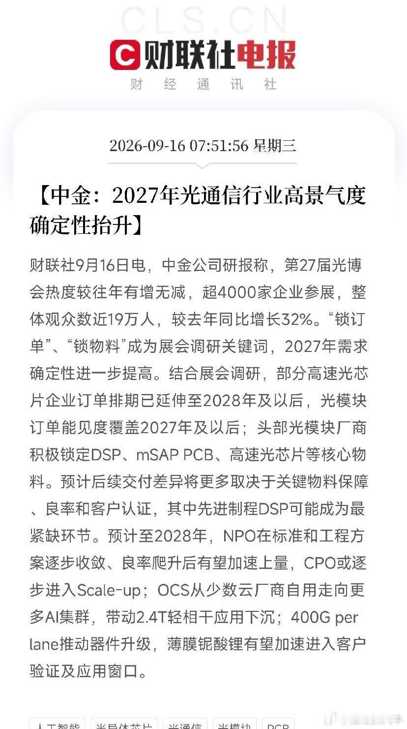 早上8点，一条来自光博会现场的消息，让市场从加息前夜的焦虑里清醒了过来

不是CPI，不是美联储，而是中金公司一份调研报告：第27届光博会，超4000家企业参展，观众近19万人，同比增长32%。锁订单、锁物料成了展会上刺眼的关键词。部分高速光芯片企业订单排期已延伸到2028年，光模块订单能见度覆盖202 ​