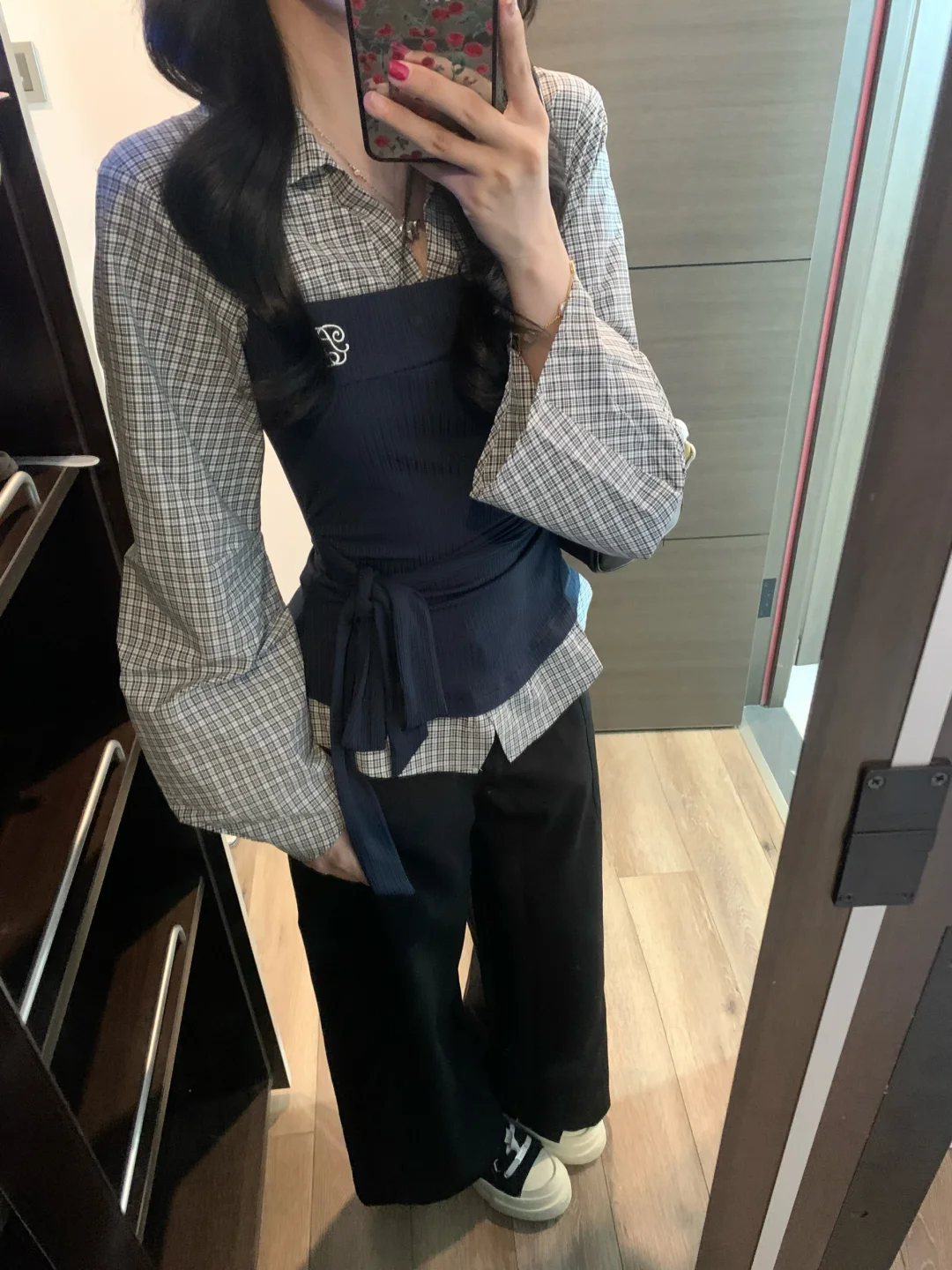 藏青色格纹拼接好韩系！