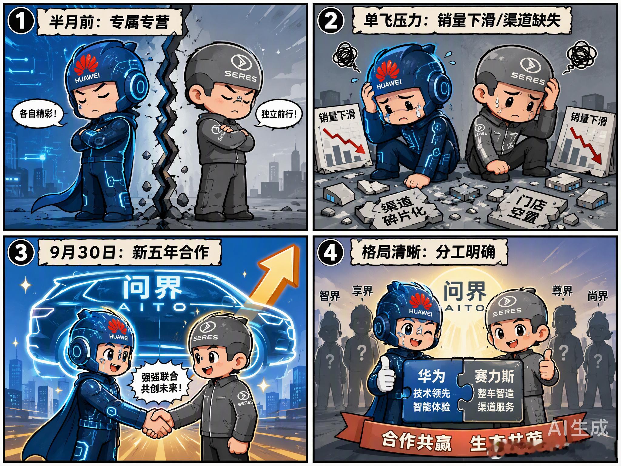 问界这一“复合”，其实是华为在鸿蒙智行这盘大棋里的一次关键落子。

之前闹得沸沸扬扬的“分家”，让很多人担心问界会掉队，但新五年的协议一签，格局反而更清晰了。问界作为销量的绝对主力，稳住了华为车BU的基本盘；而华为也能腾出手来，把更多的精力和资源倾斜给智界、享界、尊界和尚界。

这种“ ​