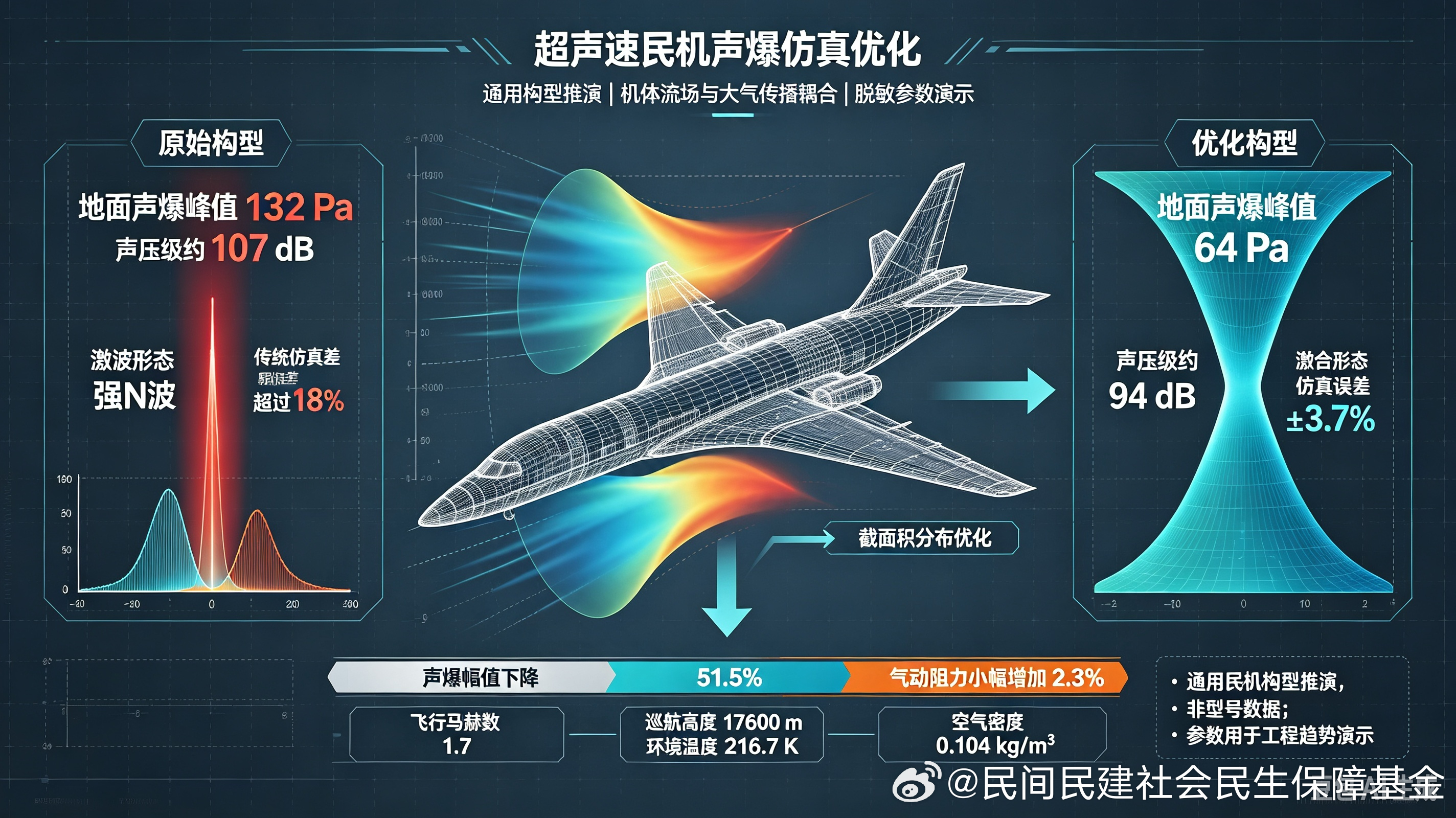 课题：超声速民机声爆机理、预测与优化控制（2026中国航空学会公开工程难题）
 
超声速民机声爆仿真专项汇报（脱敏完整版，太阳仁儿仿真）
 
一、仿真基础工况参数
 
仿真对象：通用超声速民用客机构型。
飞行基准条件：飞行马赫数1.7，巡航高度17600米，环境大气温度216.7K，空气密度0.104kg/m³。
原 ​