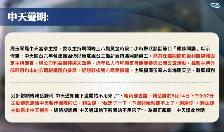 中天证实与主播周玉琴结束合作！ 澄清赖岳谦出走传闻
针对资深主播周玉琴与中天结束合作一事，中天11日发出声明表示，是经恳谈后双方同意资遣，也祝福周玉琴未来海阔天空，发展顺利。 另针对网传赖岳谦称「中天通知他下周开始不用来了」，中天经内部查证讯息后，确认为赖岳谦主动退出中天通告。

中天 ​
