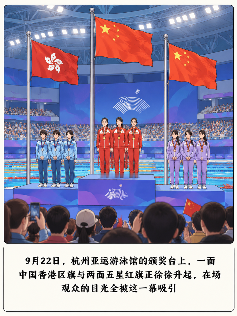 亚运会游泳颁奖现场，没夺冠的俩姑娘，居然和冠军一起站在领奖台中央唱国歌！

9月22日的杭州赛场，中国香港选手何诗蓓拿下女子100自冠军，余依婷程玉洁站在亚季军位置。

国歌响起时，她们立刻把手里的吉祥物放在地上，站直身子跟着唱。

没人规定亚季军要唱国歌，但这俩姑娘的举动，成了颁奖台上最暖的瞬间她