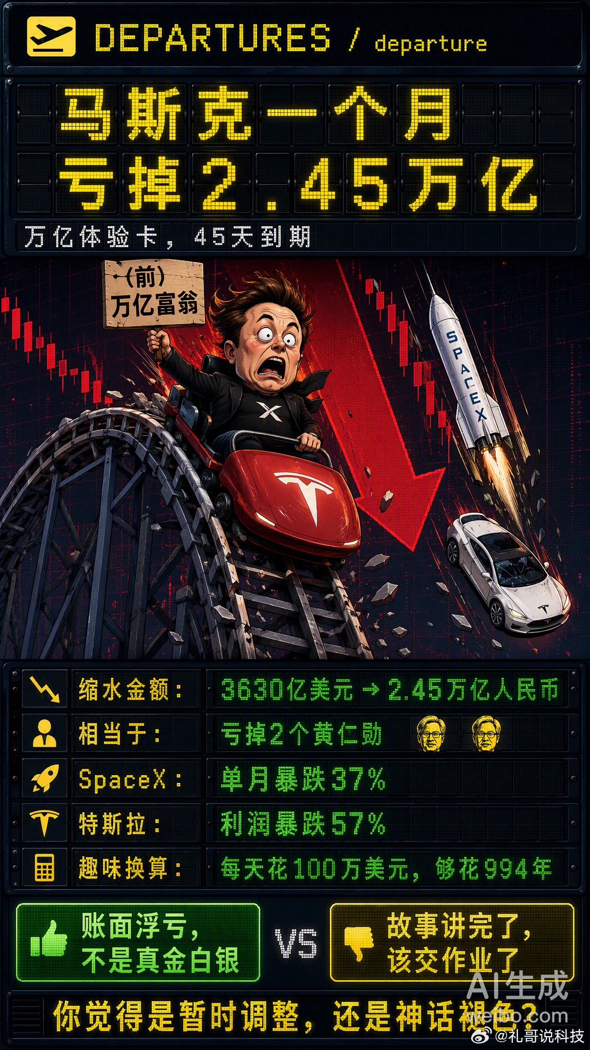 45万亿元马斯克的“万亿体验卡”，只用了45天就到期了。 今年6月1...