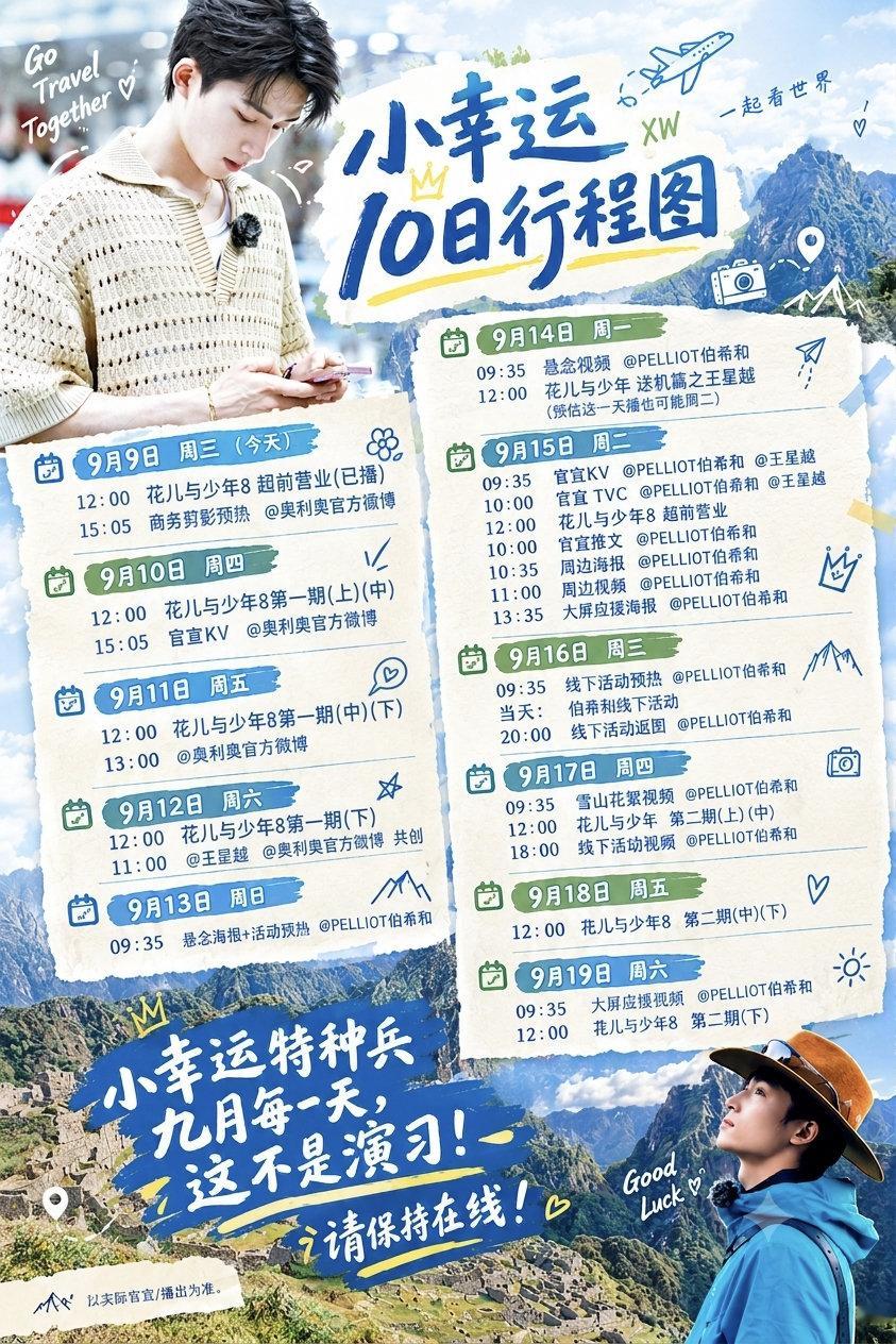同志们我又来了，【小幸运10日行程图更新】
接下来10天每天都有事情  
本月特种兵追星大家可还适应，每天都保持在线[奥特曼]
#王星越花儿与少年8# ​