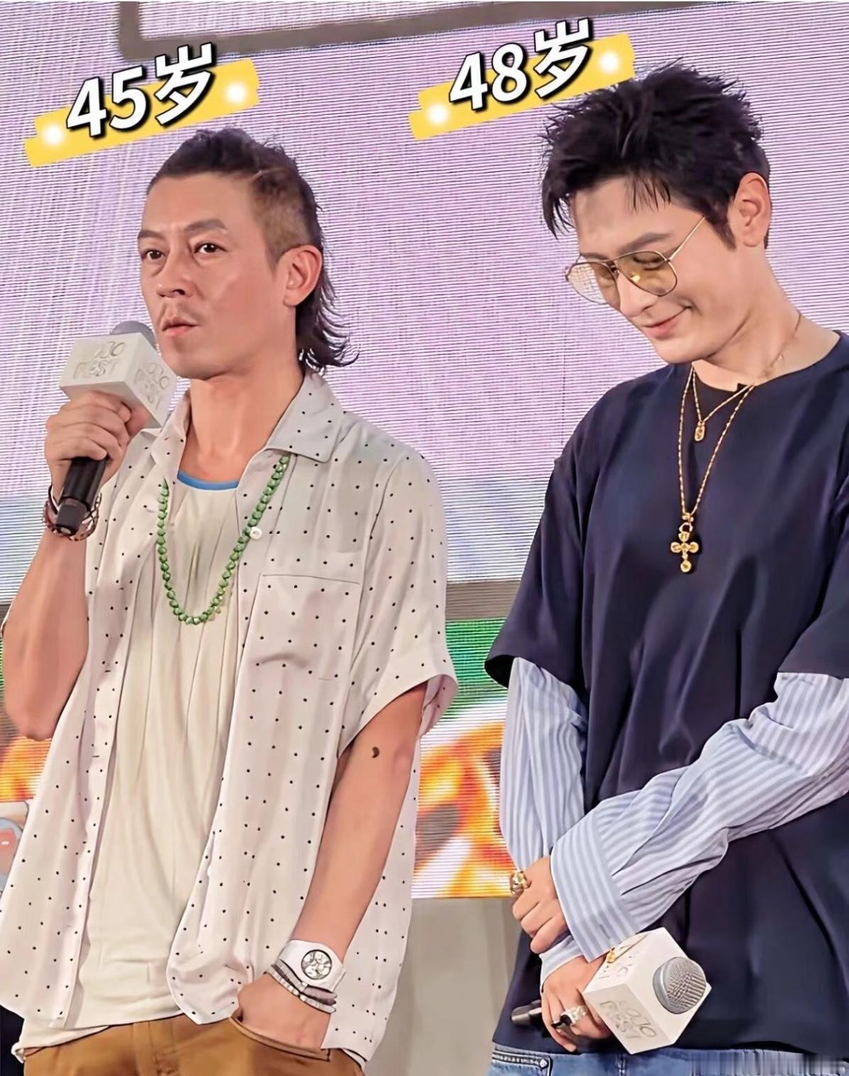 45岁的陈冠希和48岁的黄晓明同框，这么看来黄晓明确实更胜一筹，看着更年轻一些，怪不得晓明哥总换女朋友，现在看来他是挺帅的。